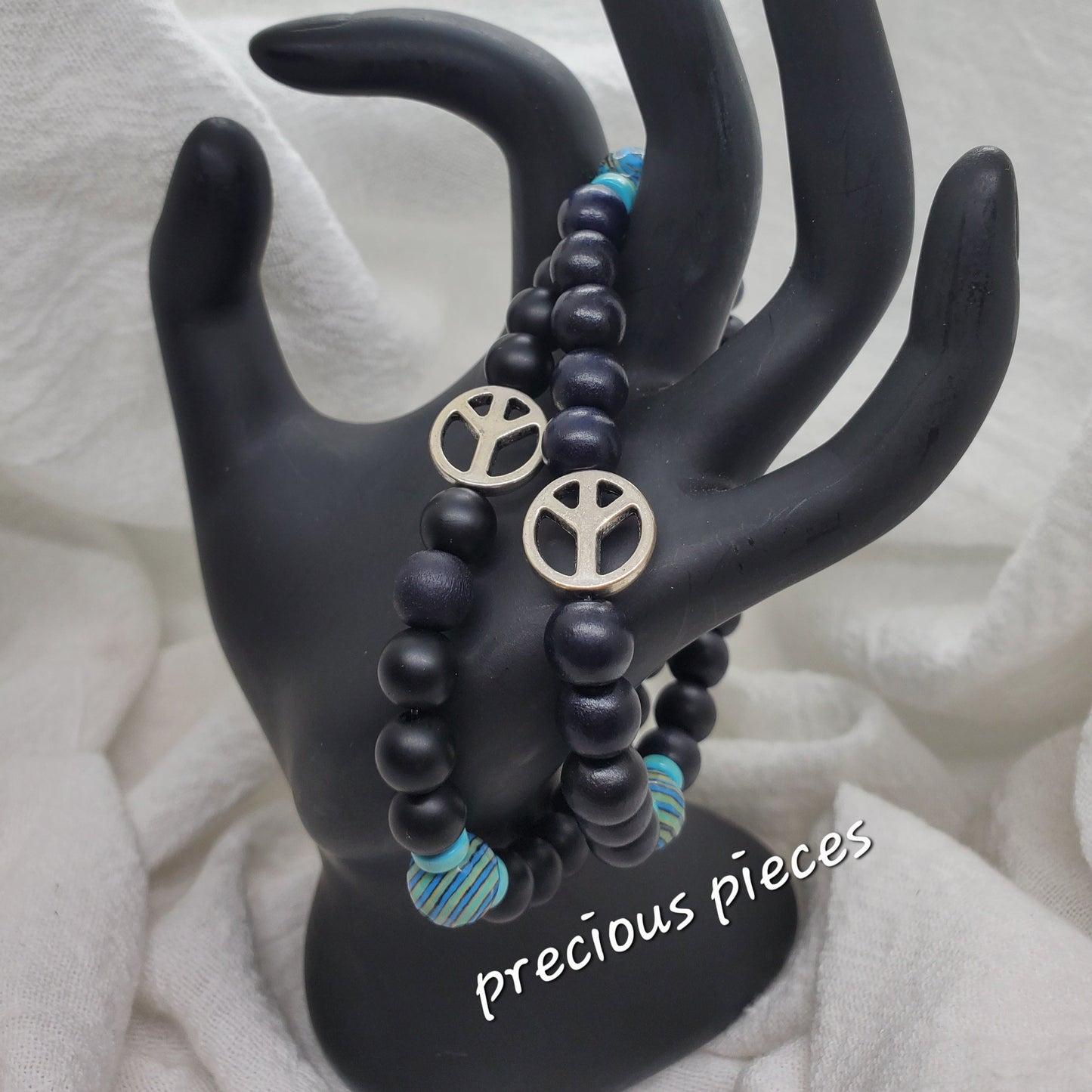 Men's Black and Turquoise Peace Beaded Bracelet