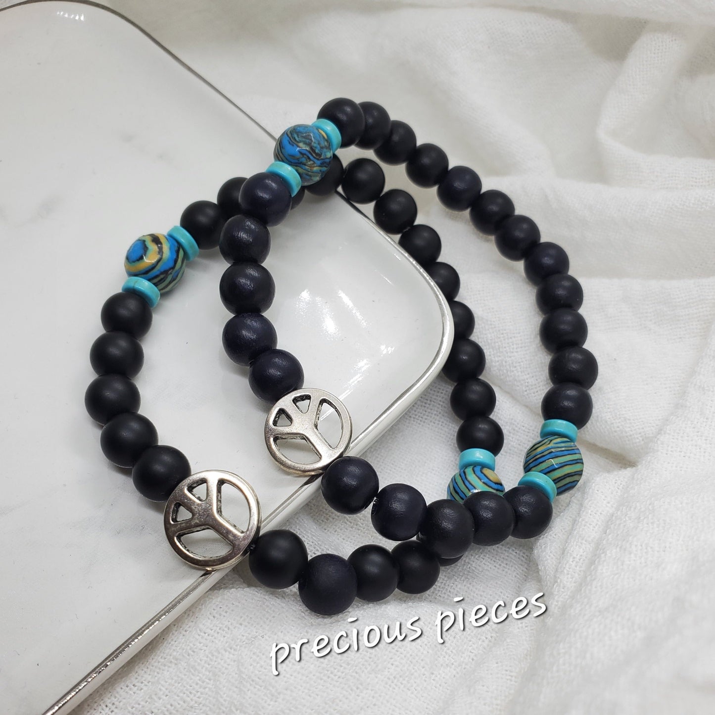 Men's Black and Turquoise Peace Beaded Bracelet