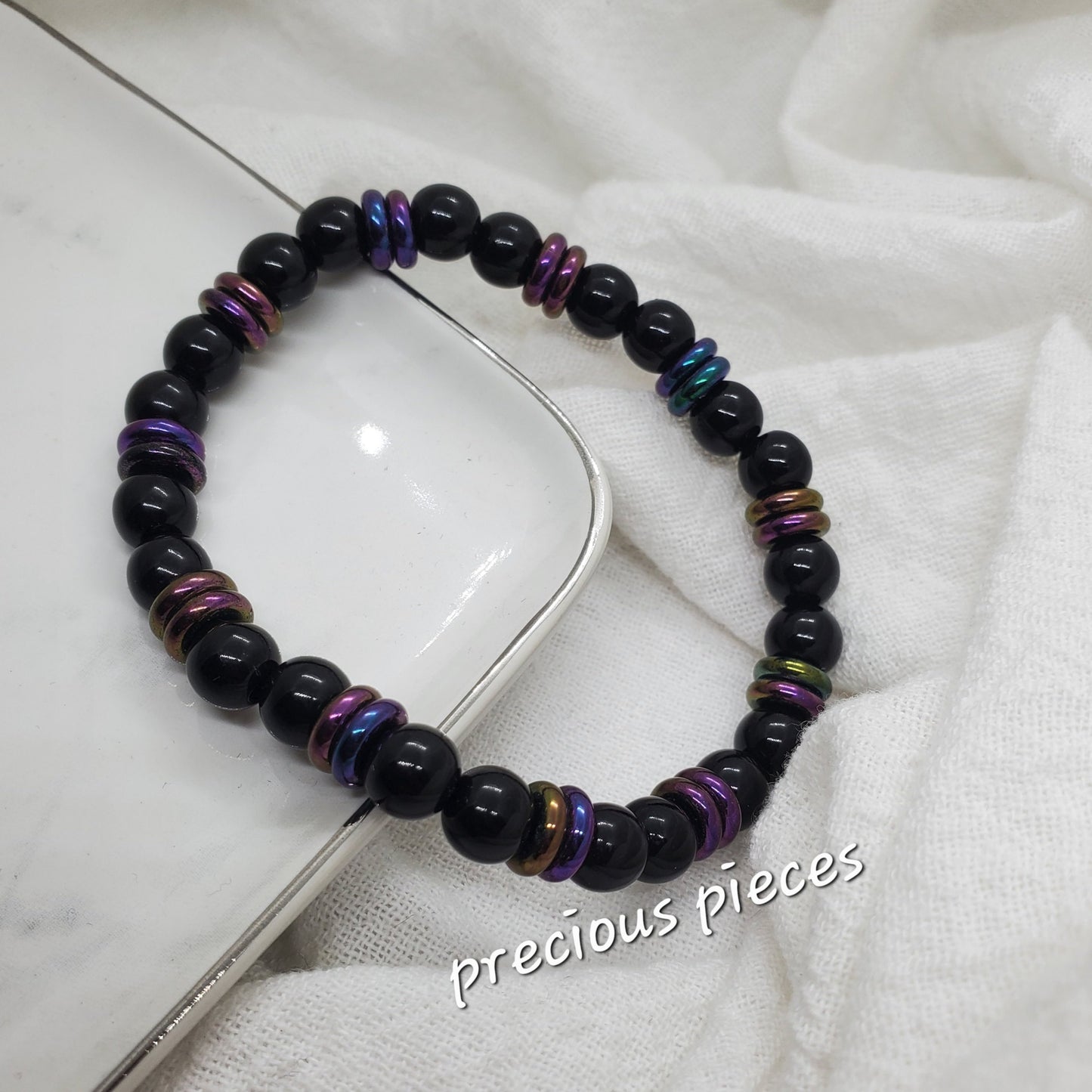 Men's Black Beaded Bracelets with Multicolor Hematite Spacers