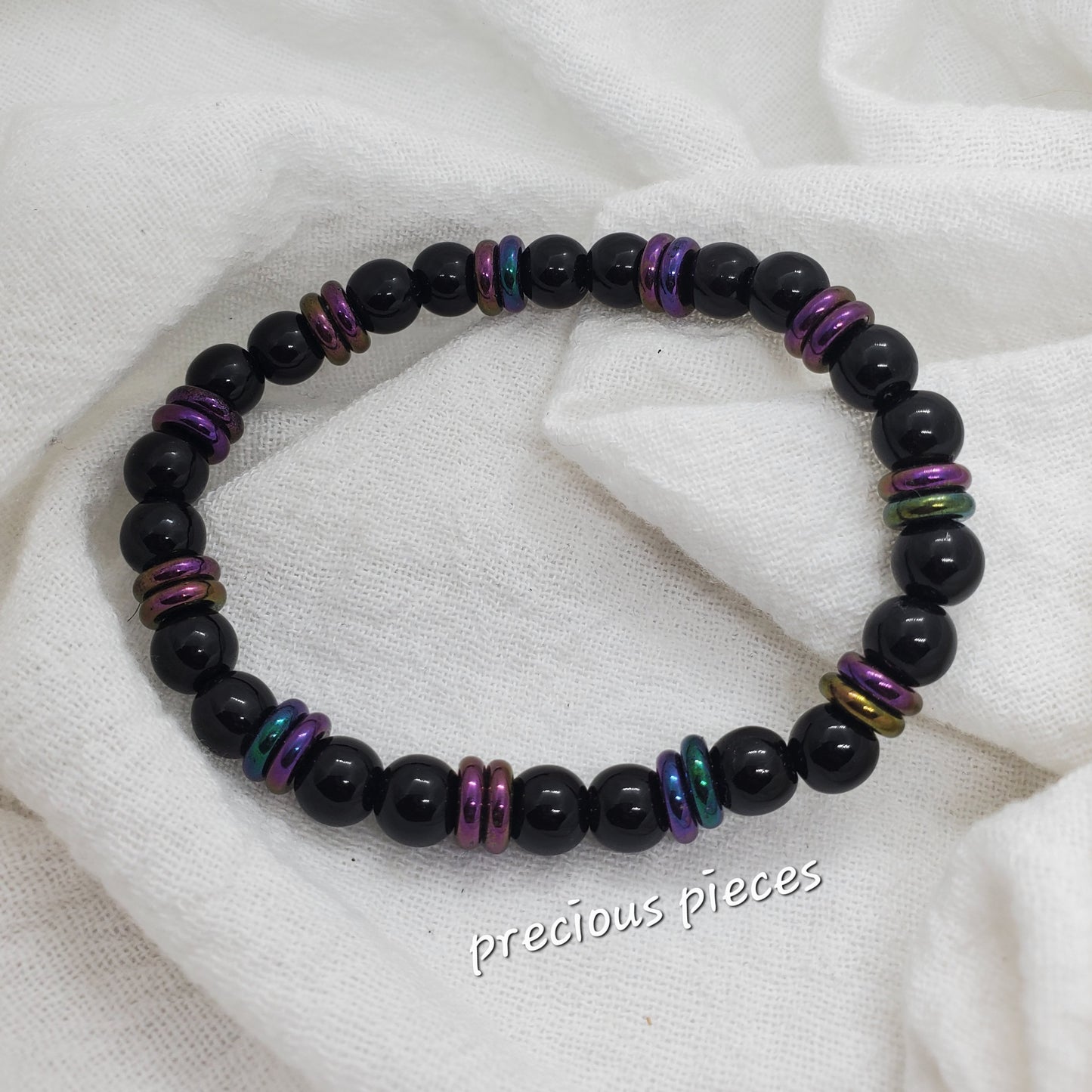 Men's Black Beaded Bracelets with Multicolor Hematite Spacers