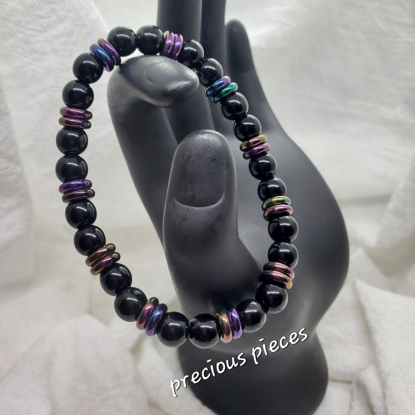 Men's Black Beaded Bracelets with Multicolor Hematite Spacers