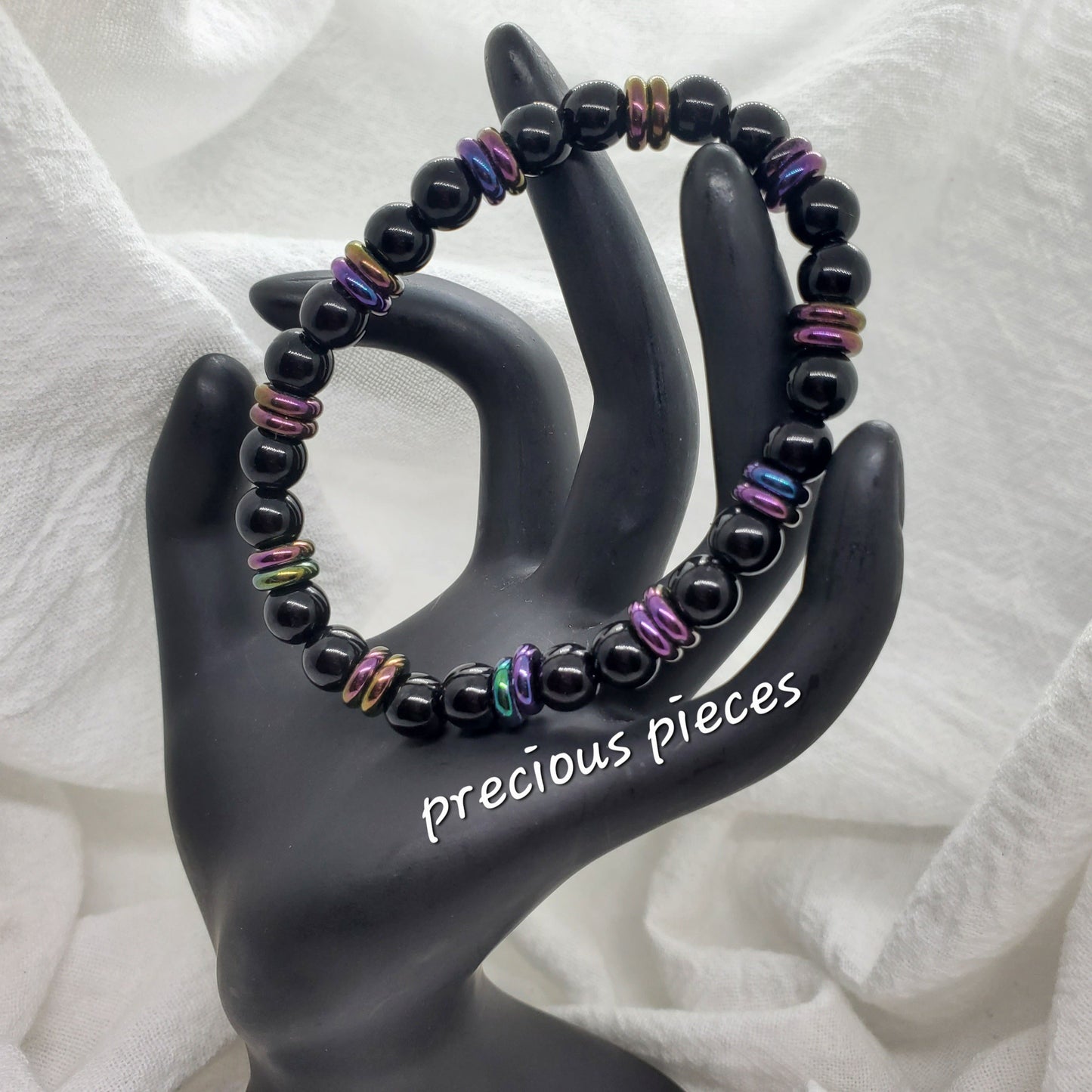 Men's Black Beaded Bracelets with Multicolor Hematite Spacers