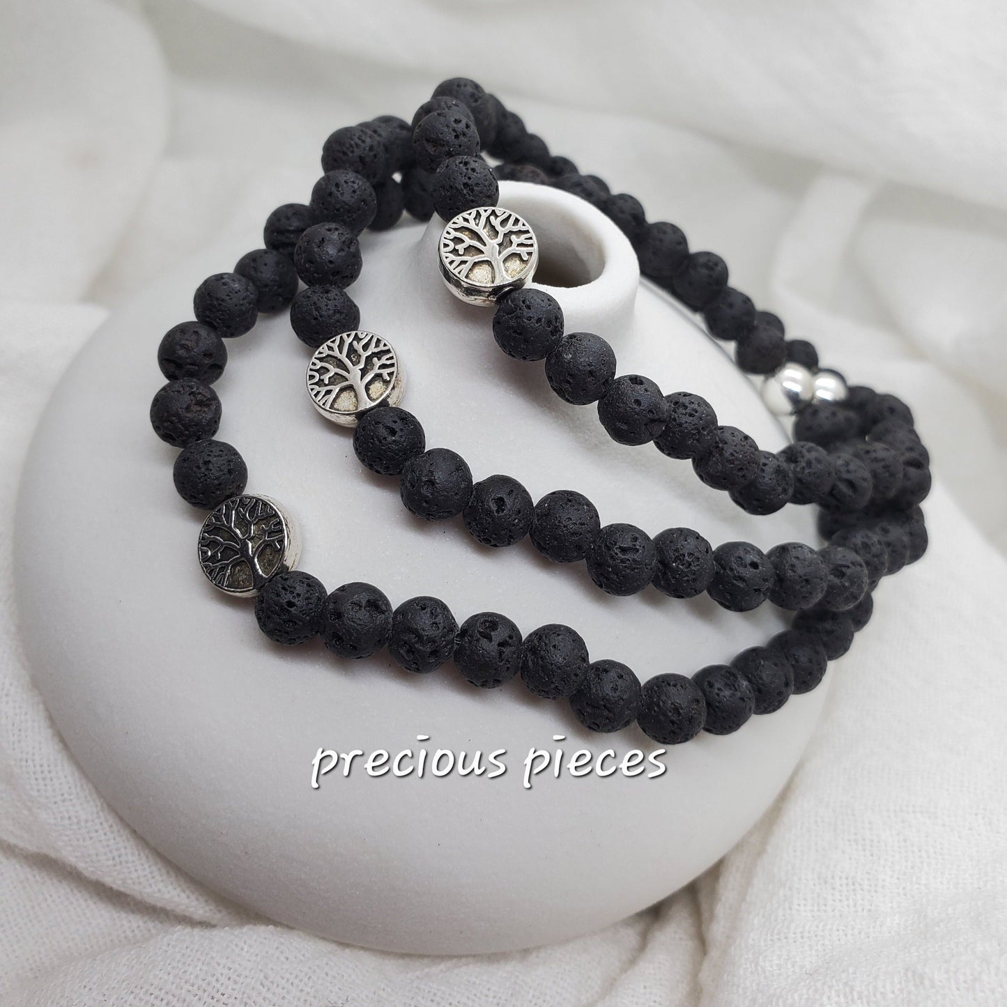 Men's Black Lava Beaded Bracelet with Tree of Life Charm