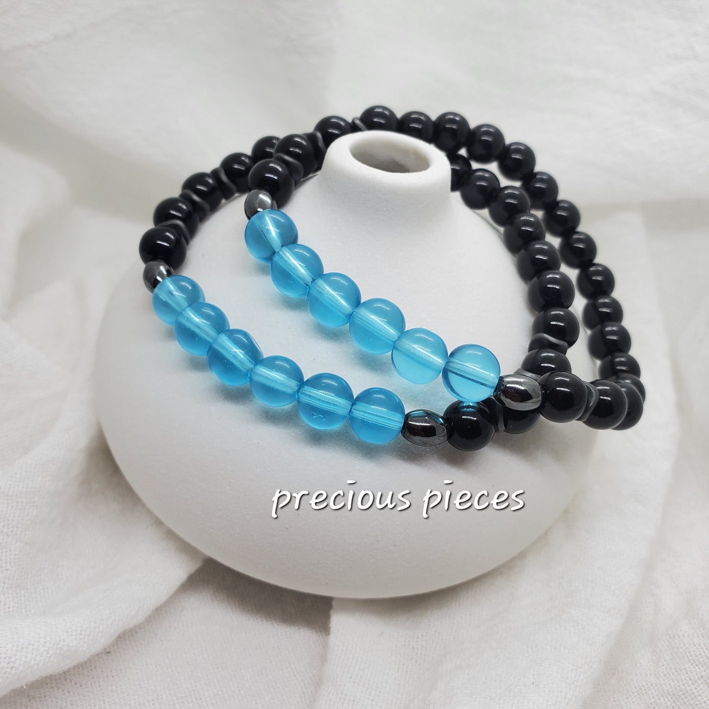 Men's Black with Blue Frosted Glass Beaded Bracelets