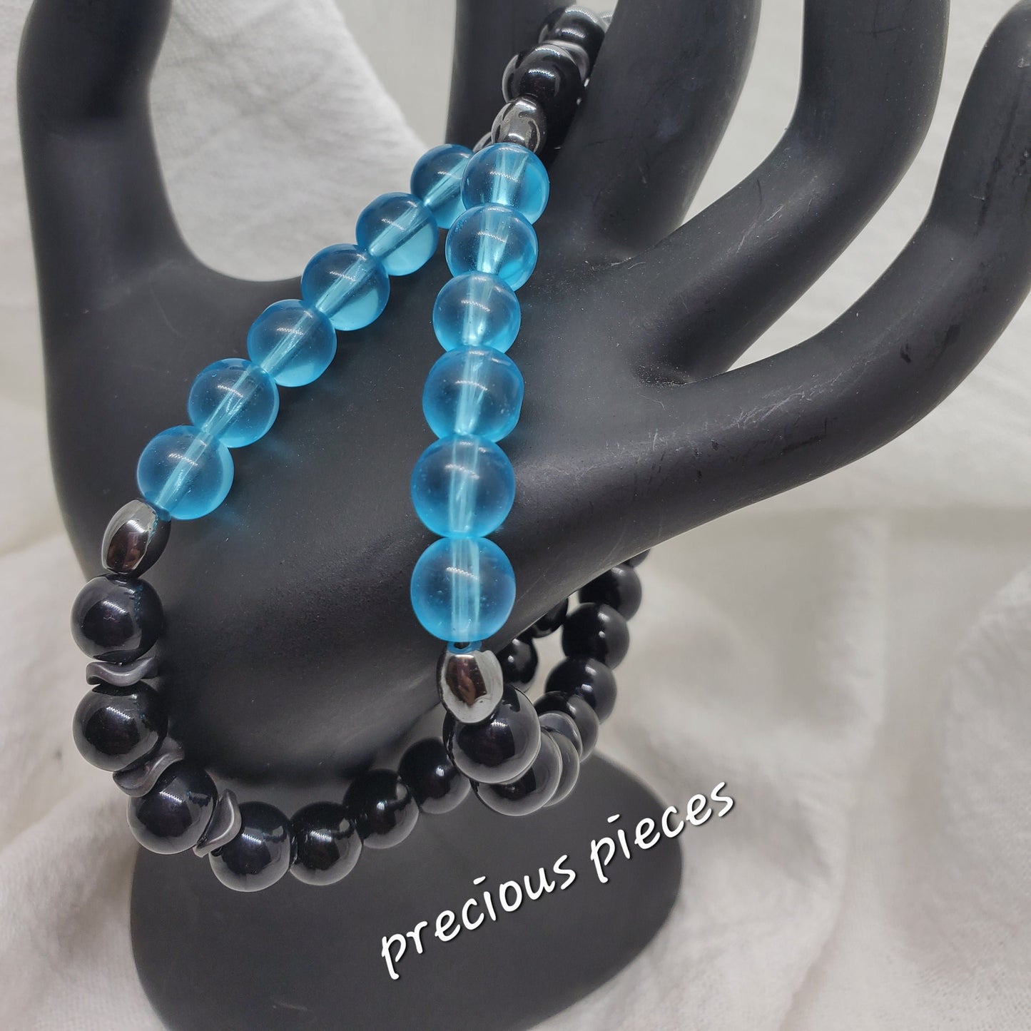 Men's Black with Blue Frosted Glass Beaded Bracelets