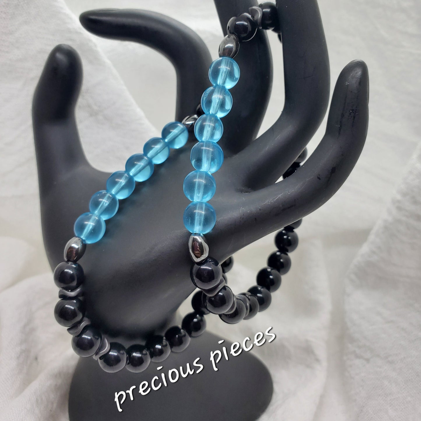 Men's Black with Blue Frosted Glass Beaded Bracelets