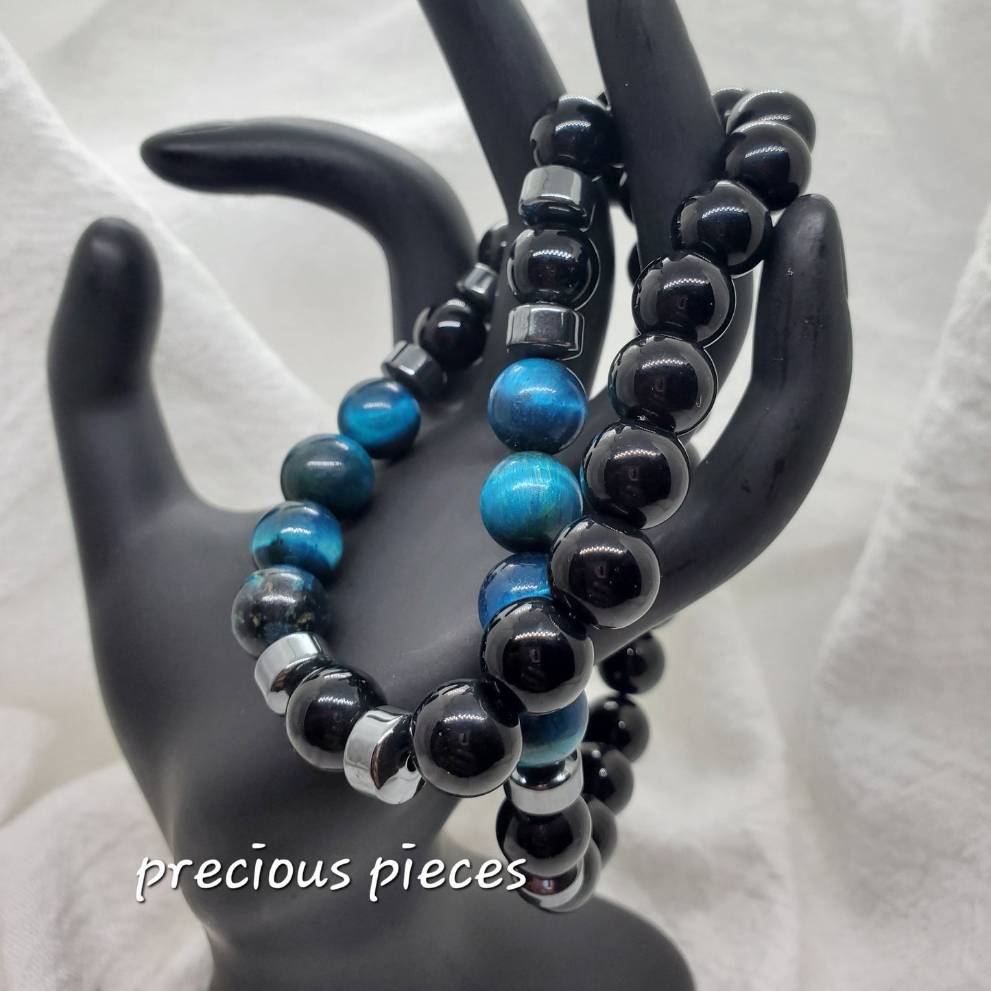 Men's Black with Blue Tiger Eye Beaded Bracelets