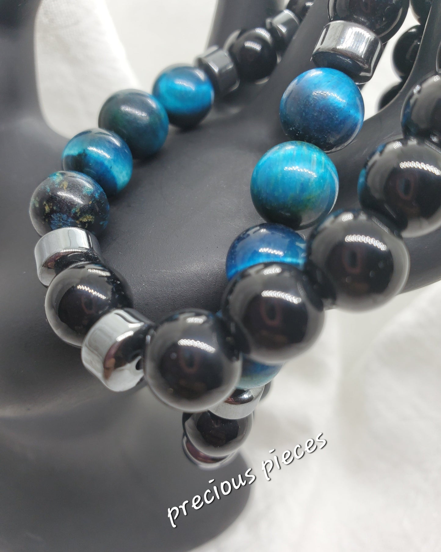 Men's Black with Blue Tiger Eye Beaded Bracelets