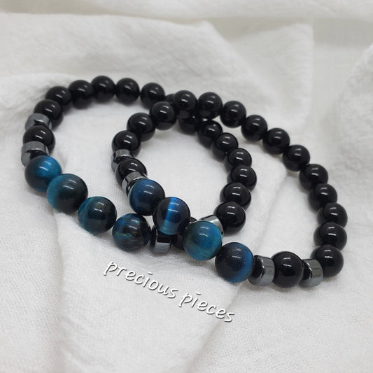 Men's Black with Blue Tiger Eye Beaded Bracelets