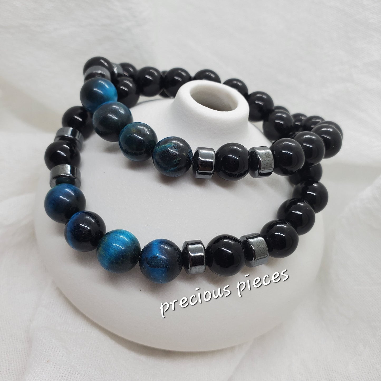 Men's Black with Blue Tiger Eye Beaded Bracelets