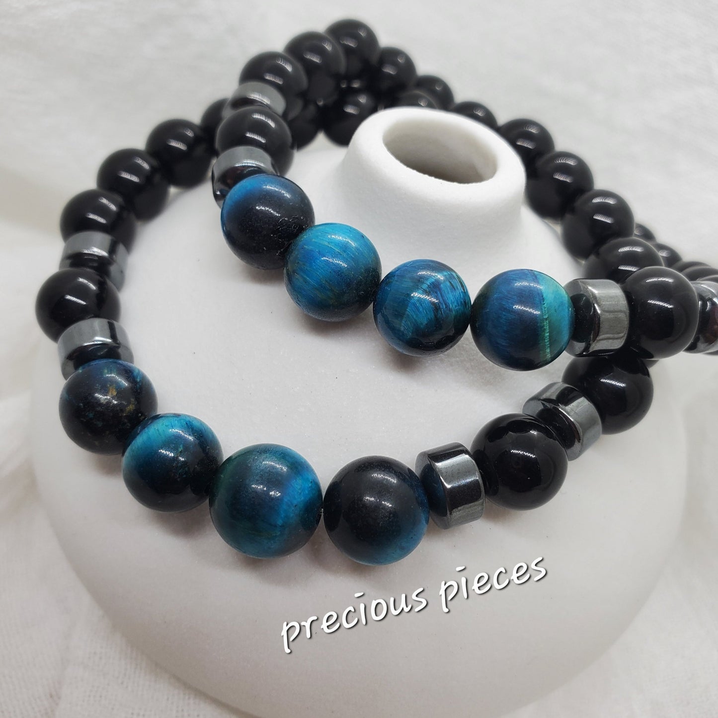 Men's Black with Blue Tiger Eye Beaded Bracelets