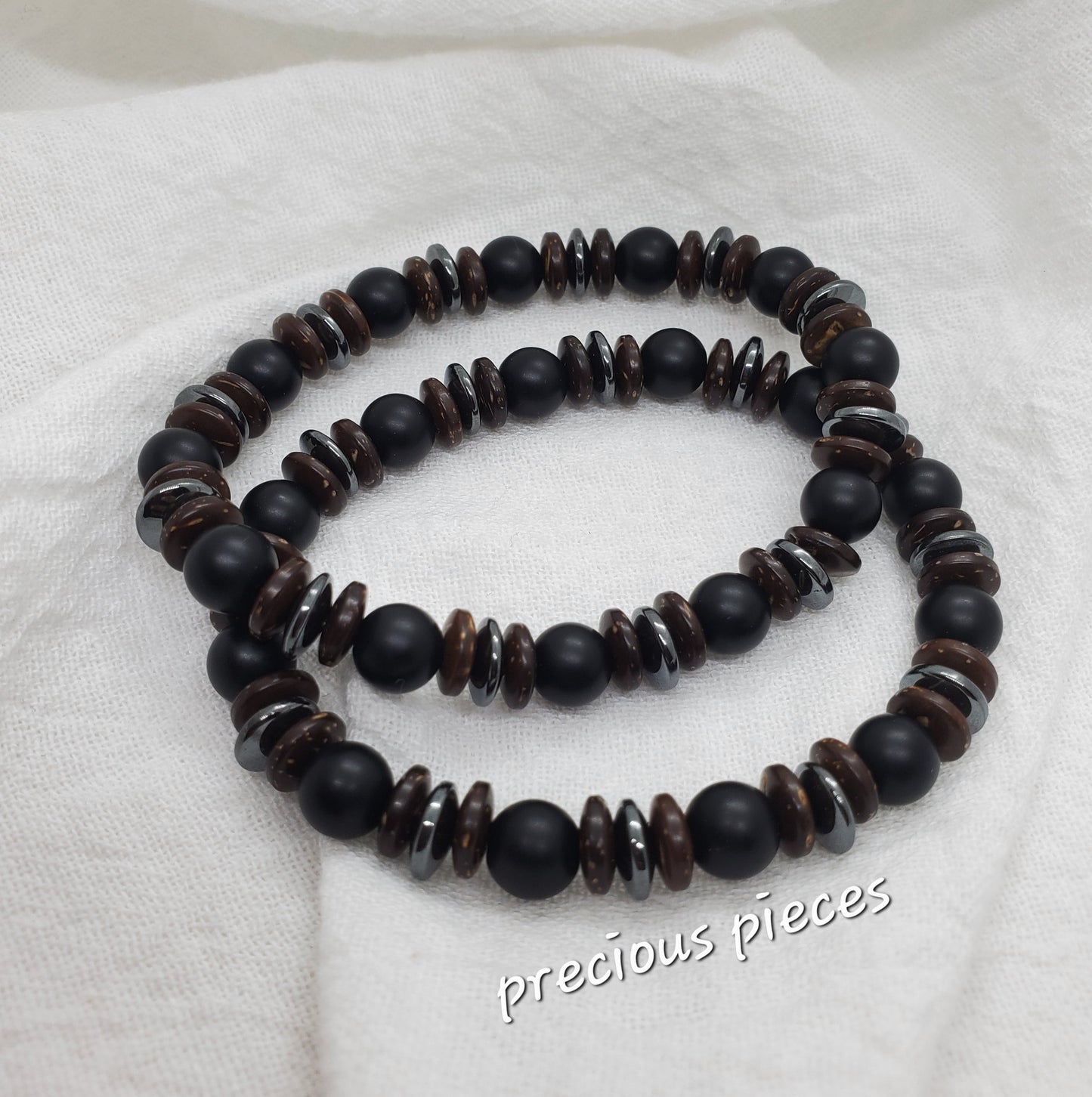 Men's Black, Brown and Hematite Beaded Bracelets