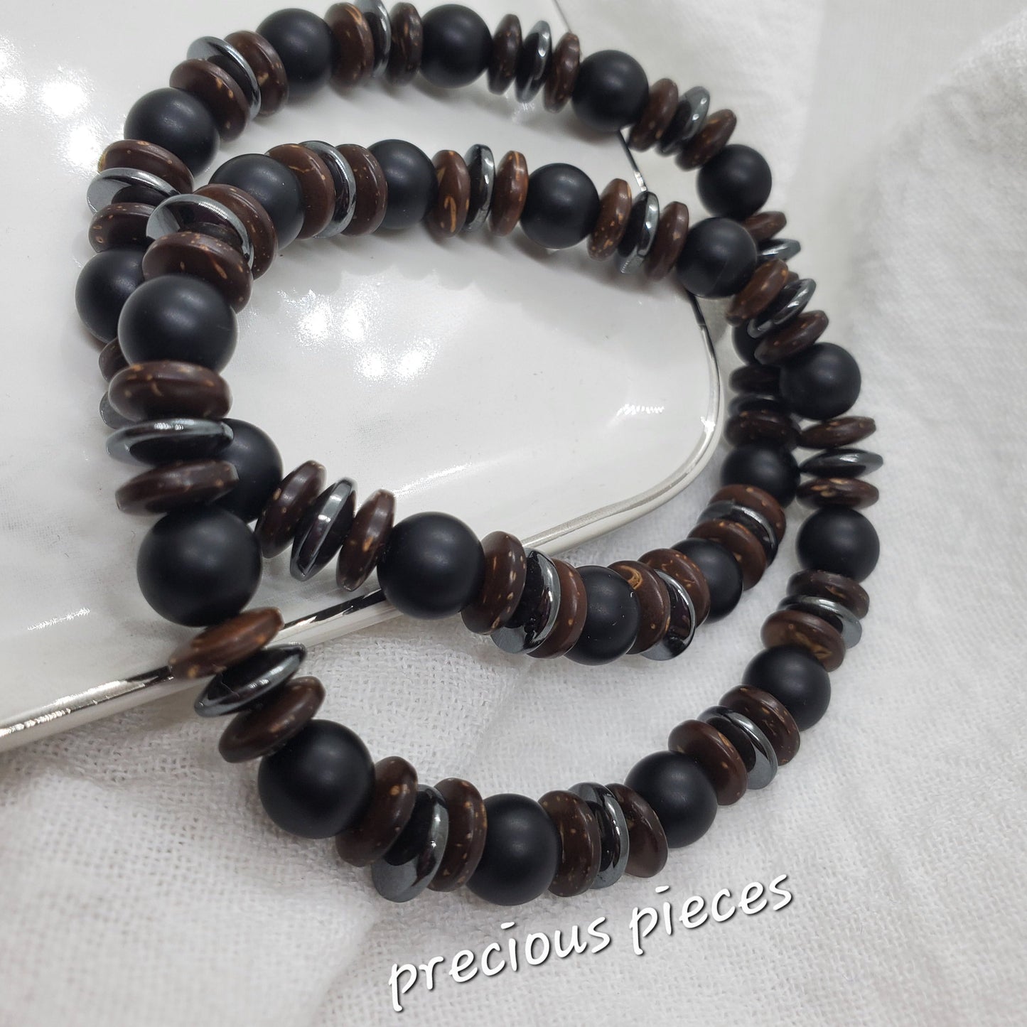 Men's Black, Brown and Hematite Beaded Bracelets