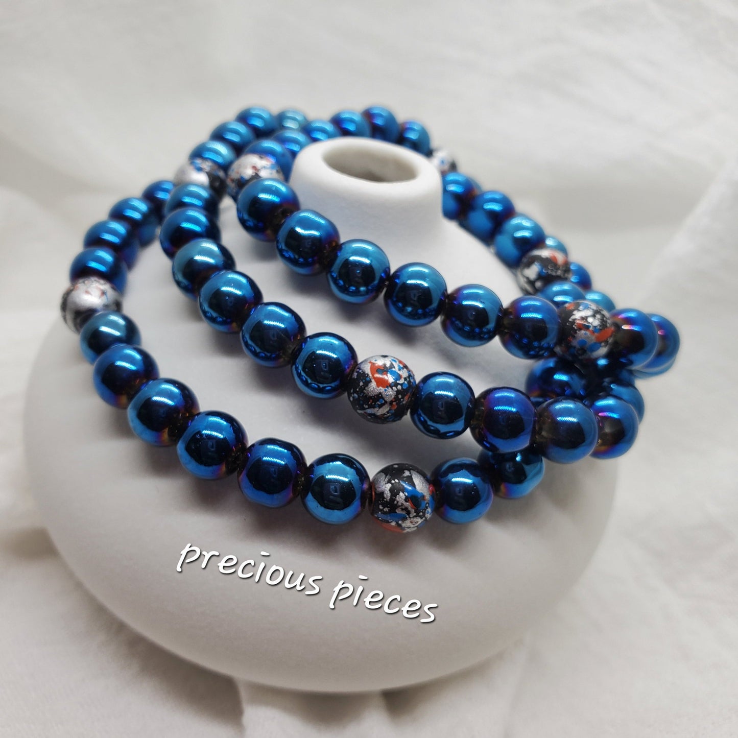 Men's Blue and Speckled Glass Beaded Bracelet