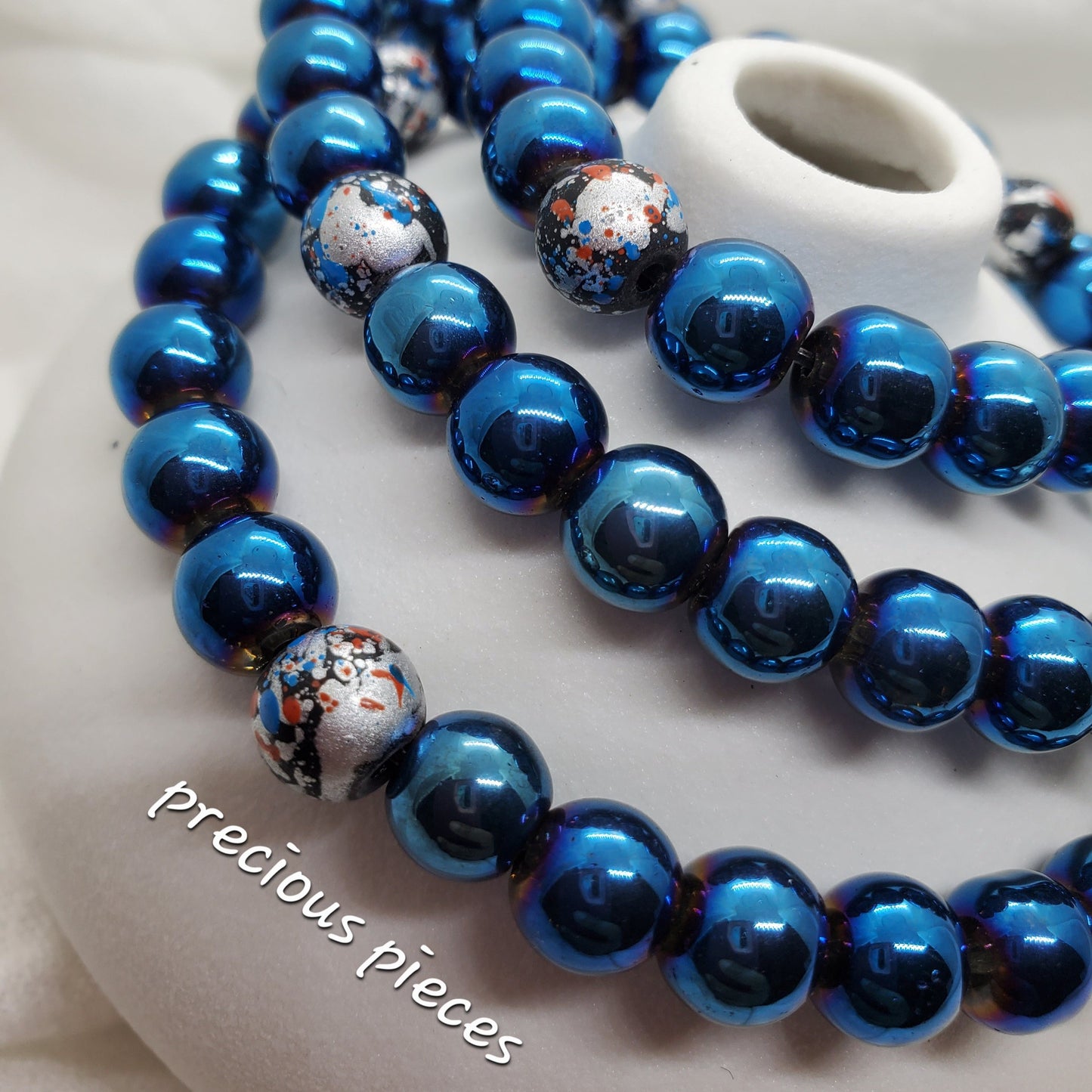 Men's Blue and Speckled Glass Beaded Bracelet