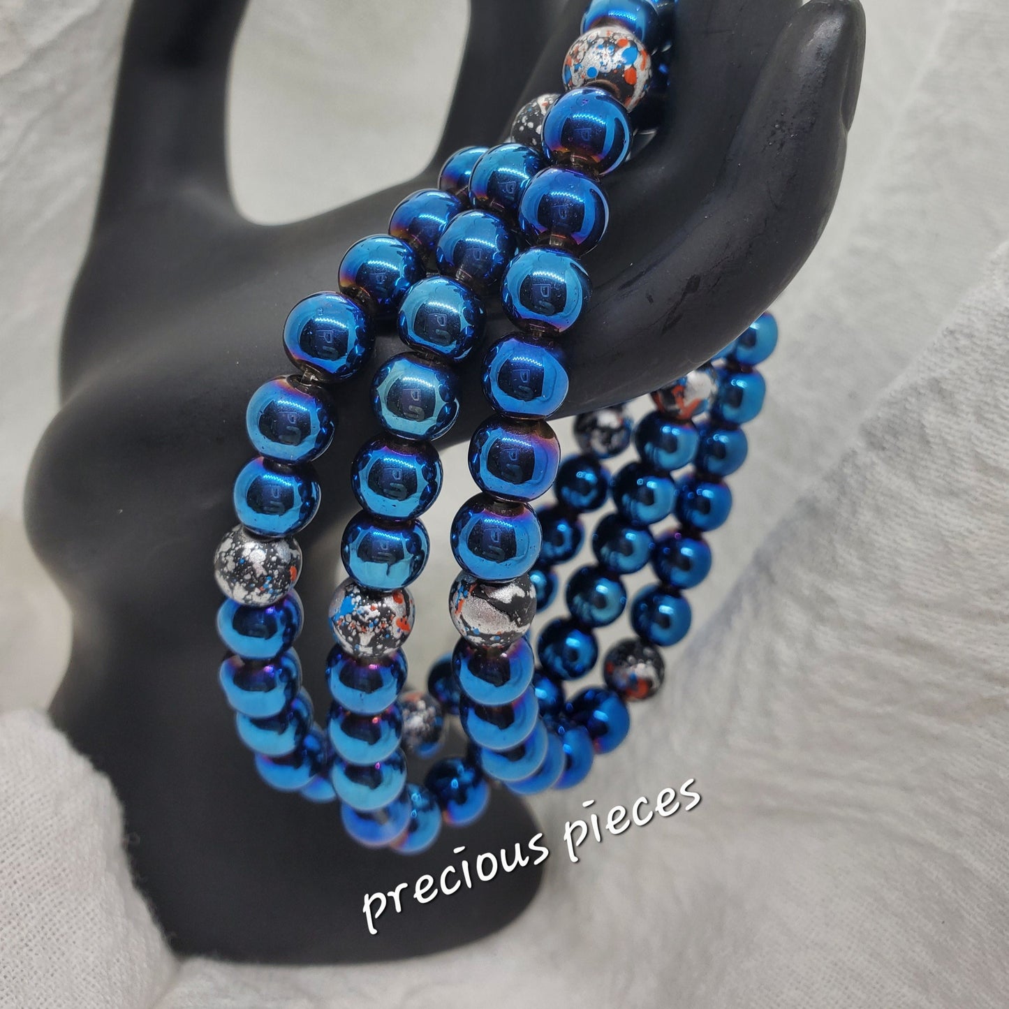 Men's Blue and Speckled Glass Beaded Bracelet