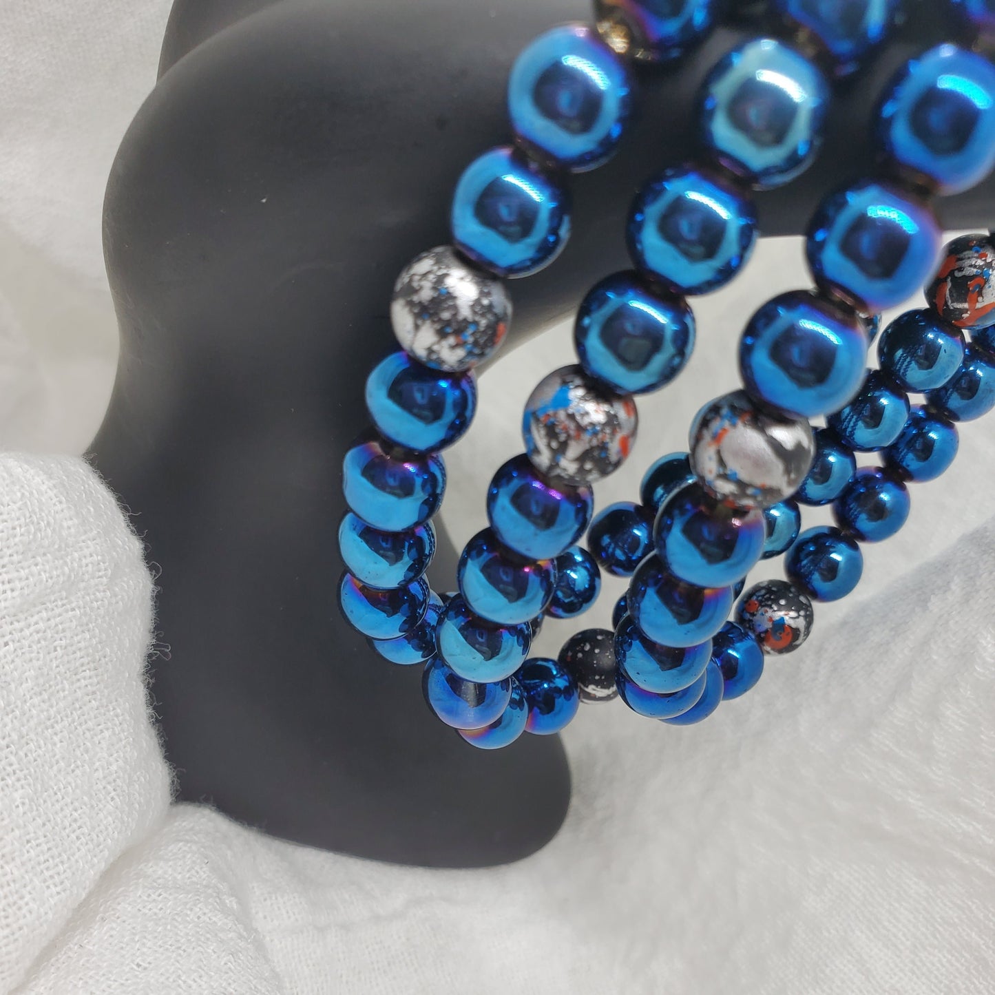 Men's Blue and Speckled Glass Beaded Bracelet