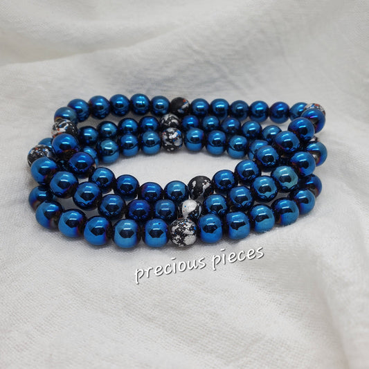 Men's Blue and Speckled Glass Beaded Bracelet