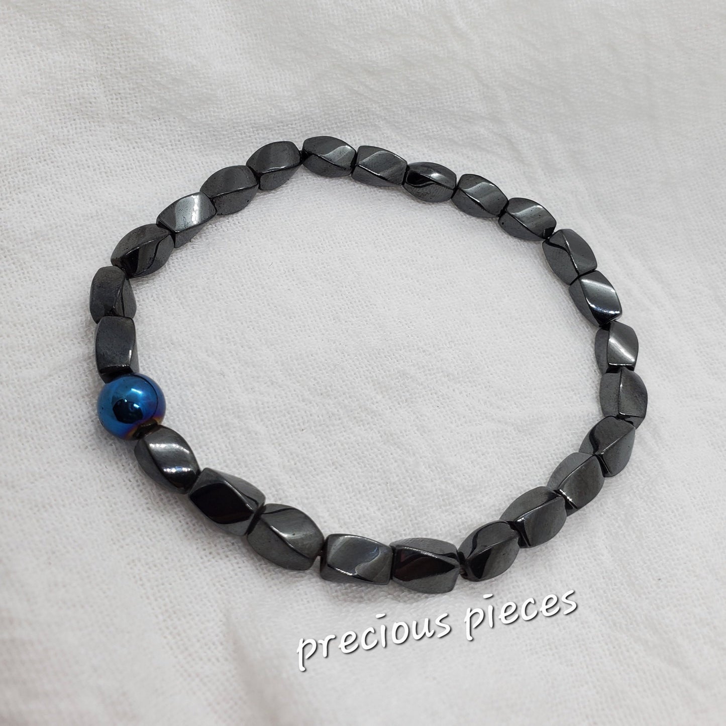 Men's Hematite Beaded Bracelet w/ Blue Accent Bead