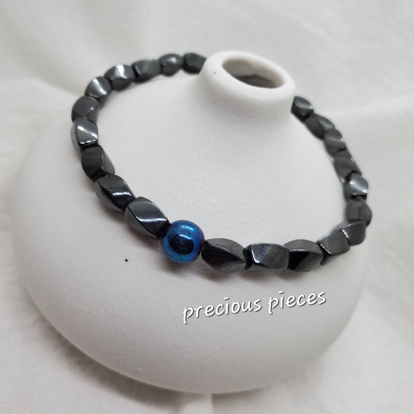 Men's Hematite Beaded Bracelet w/ Blue Accent Bead