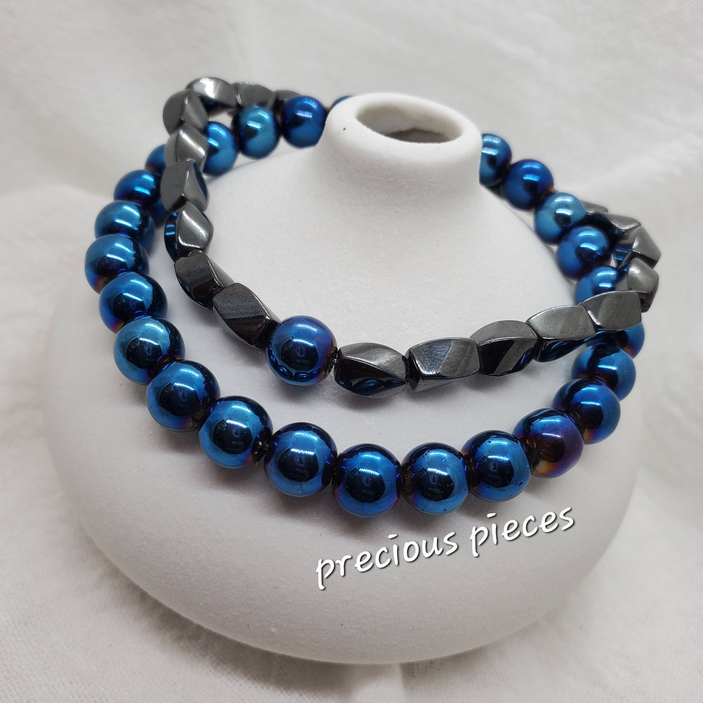 Men's Hematite Beaded Bracelet w/ Blue Accent Bead