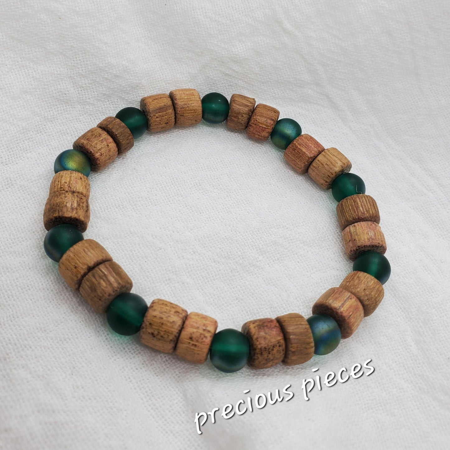 Men's Glass Green and Wood Beaded Bracelet