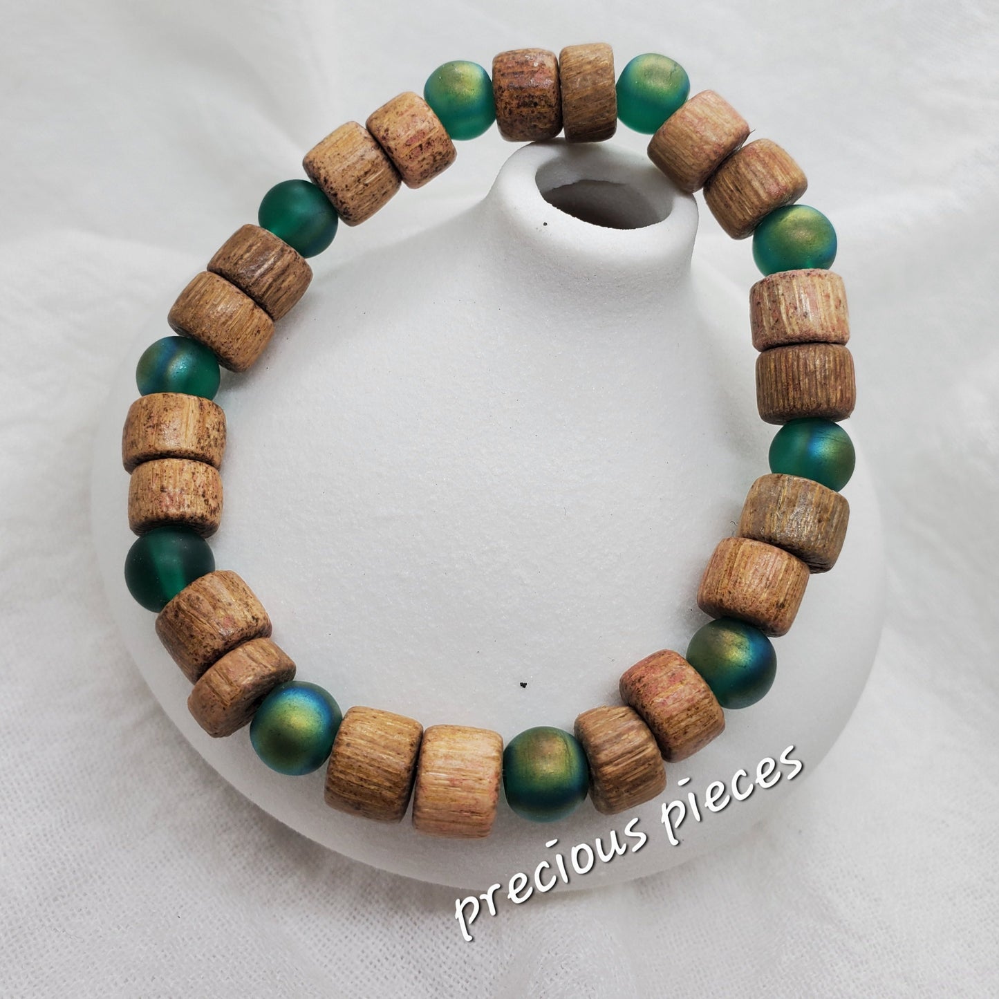 Men's Glass Green and Wood Beaded Bracelet