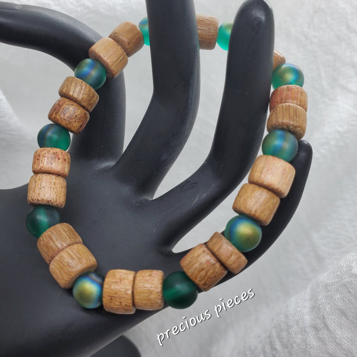 Men's Glass Green and Wood Beaded Bracelet