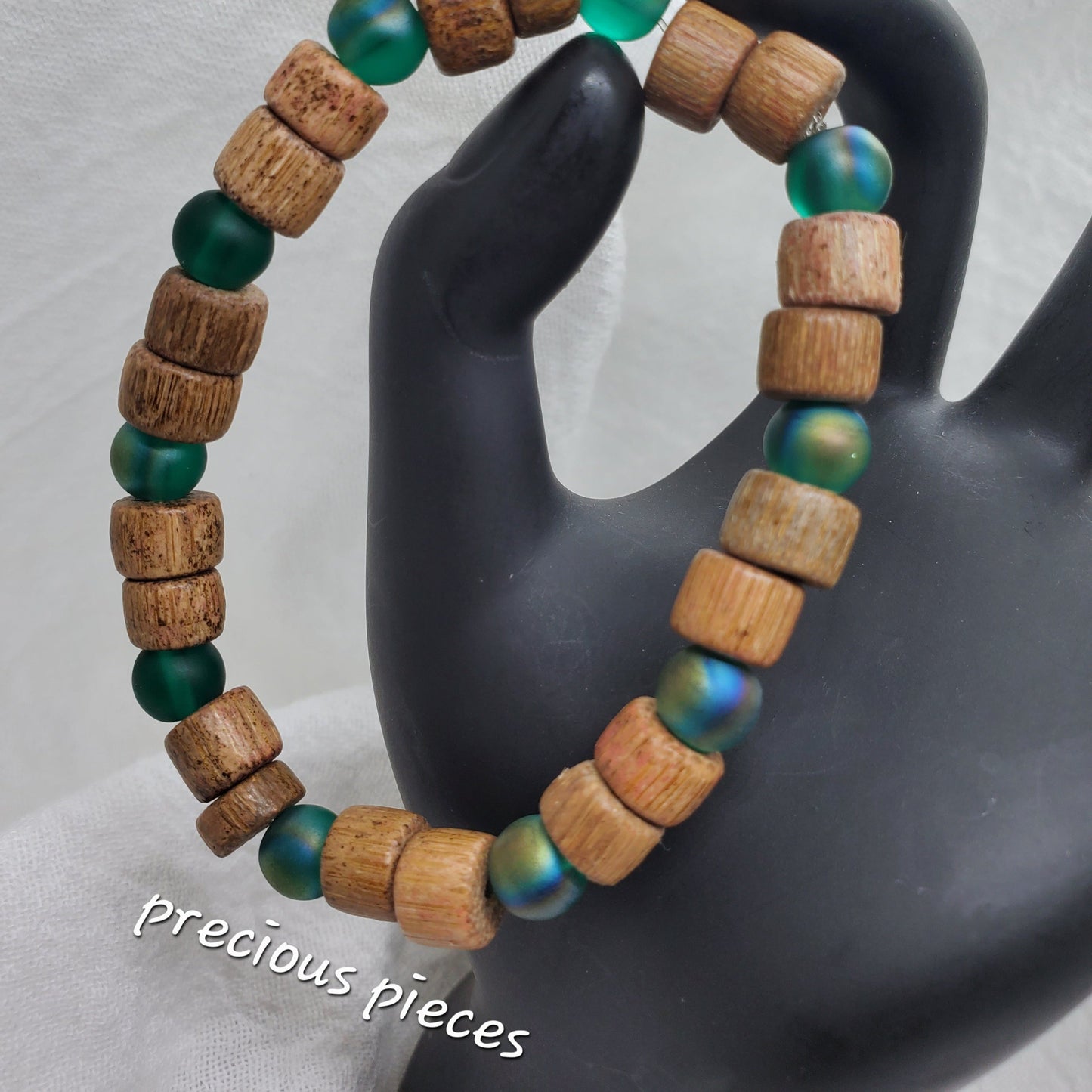 Men's Glass Green and Wood Beaded Bracelet