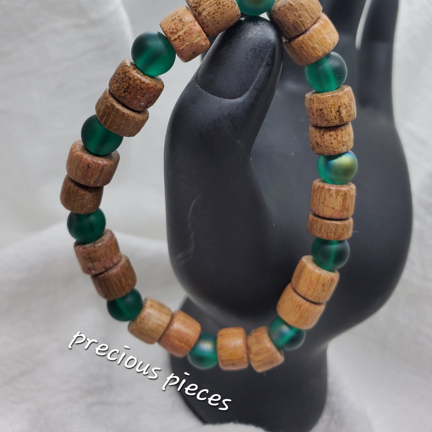 Men's Glass Green and Wood Beaded Bracelet