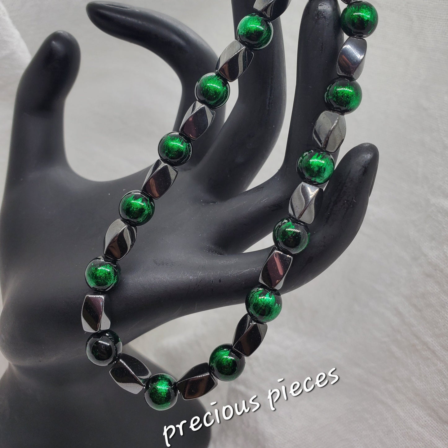 Men's Hematite and Green Beaded Bracelet