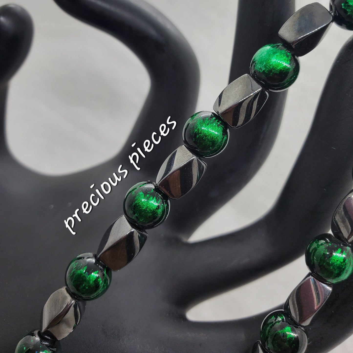 Men's Hematite and Green Beaded Bracelet