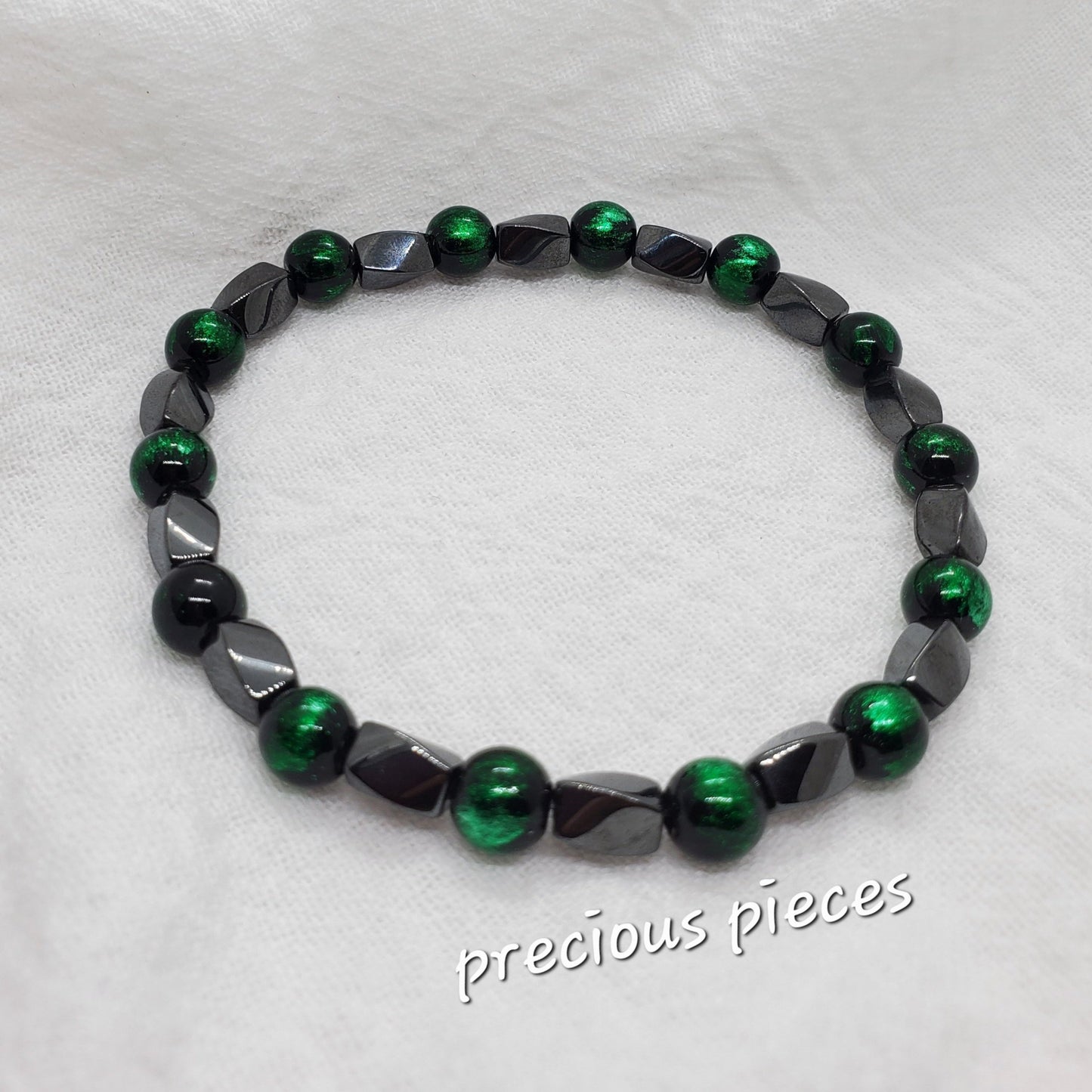 Men's Hematite and Green Beaded Bracelet