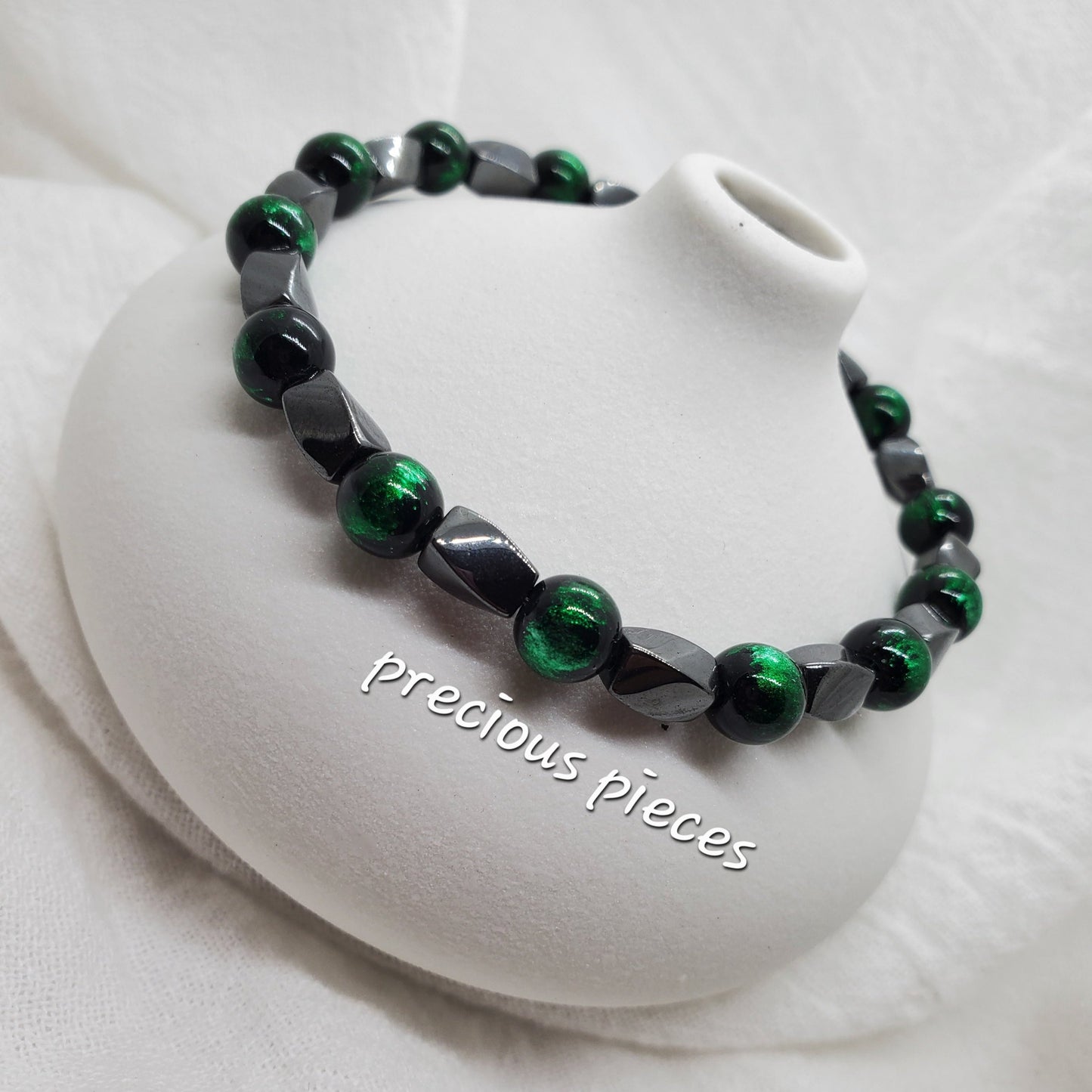 Men's Hematite and Green Beaded Bracelet