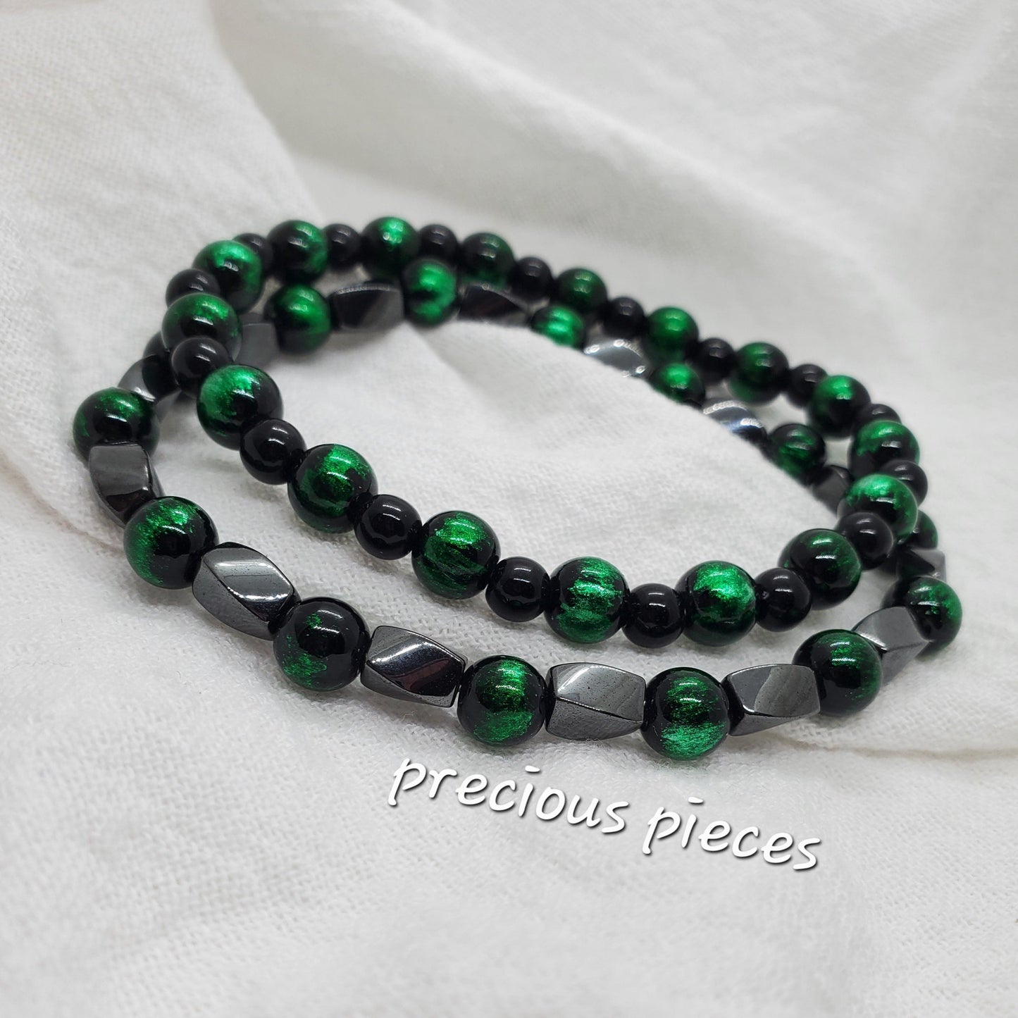 Men's Hematite and Green Beaded Bracelet