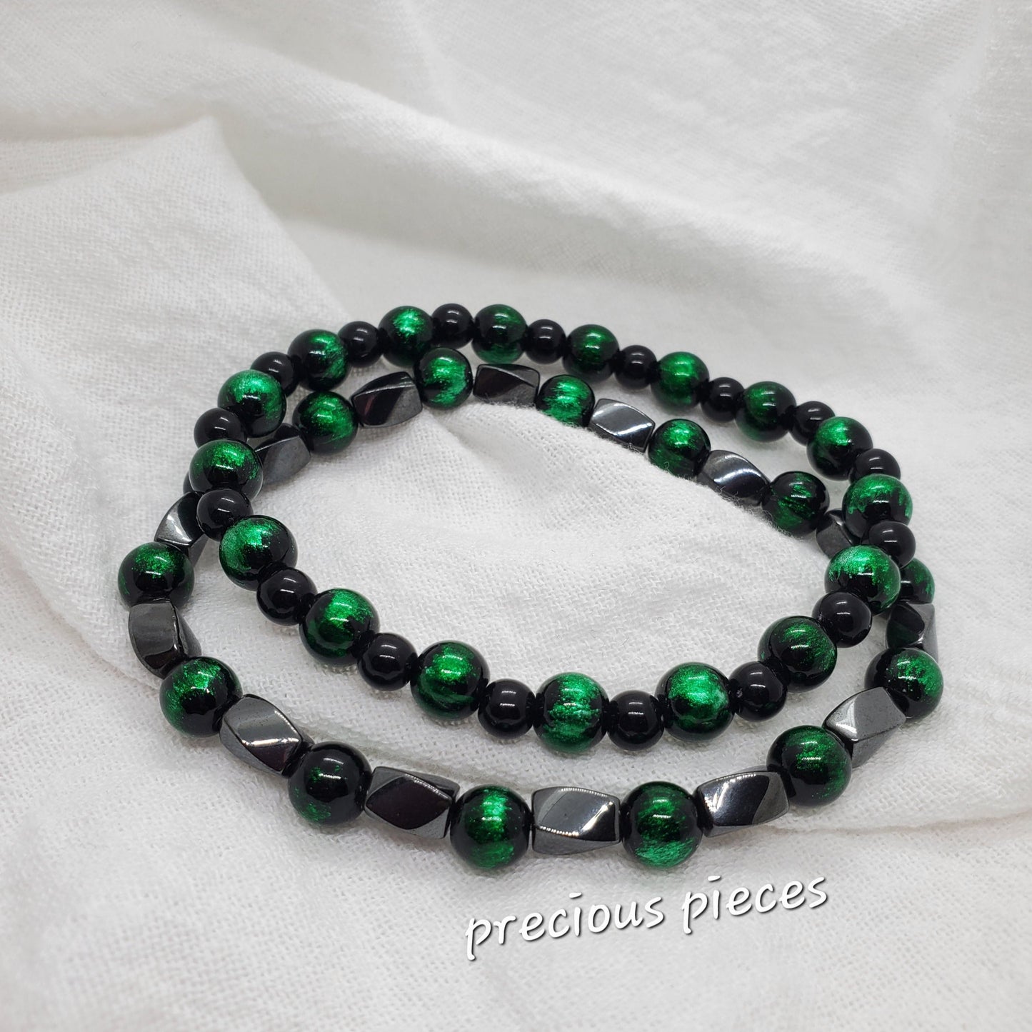 Men's Hematite and Green Beaded Bracelet