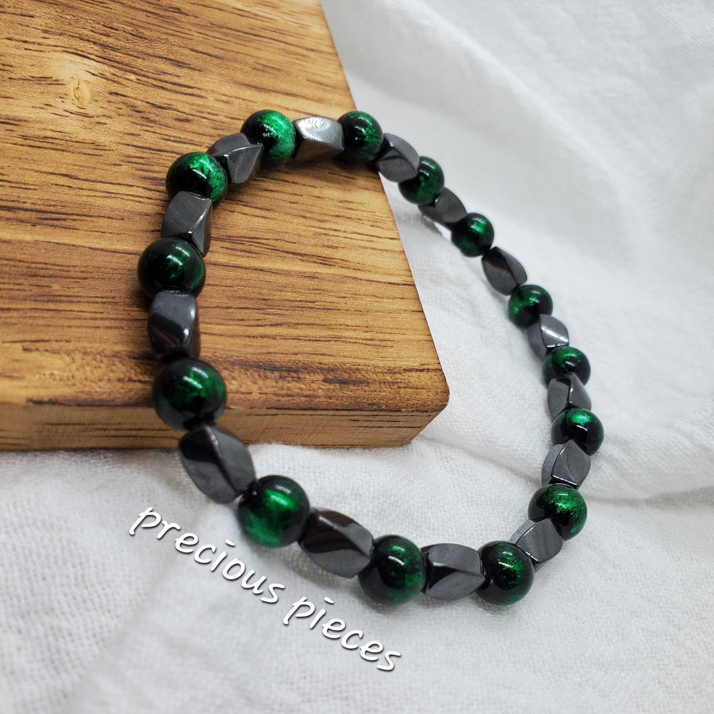 Men's Hematite and Green Beaded Bracelet