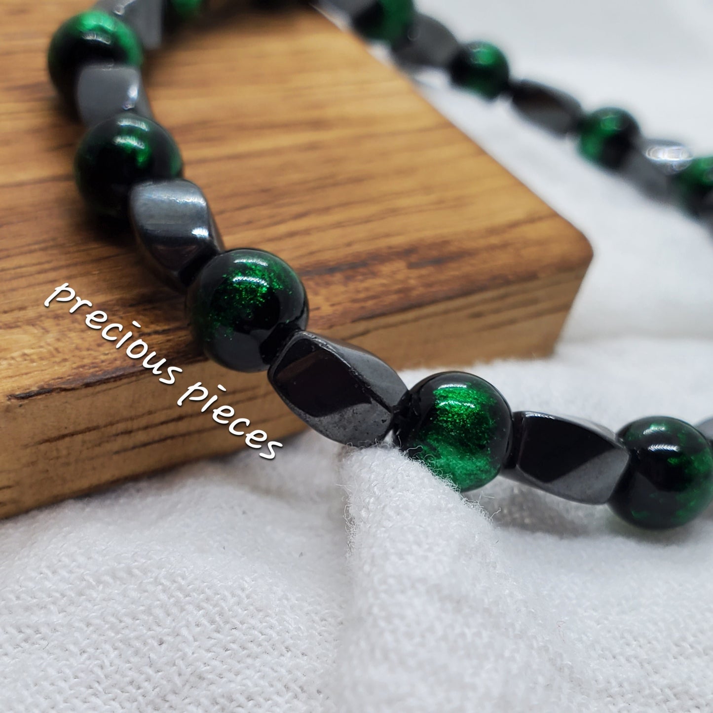 Men's Hematite and Green Beaded Bracelet