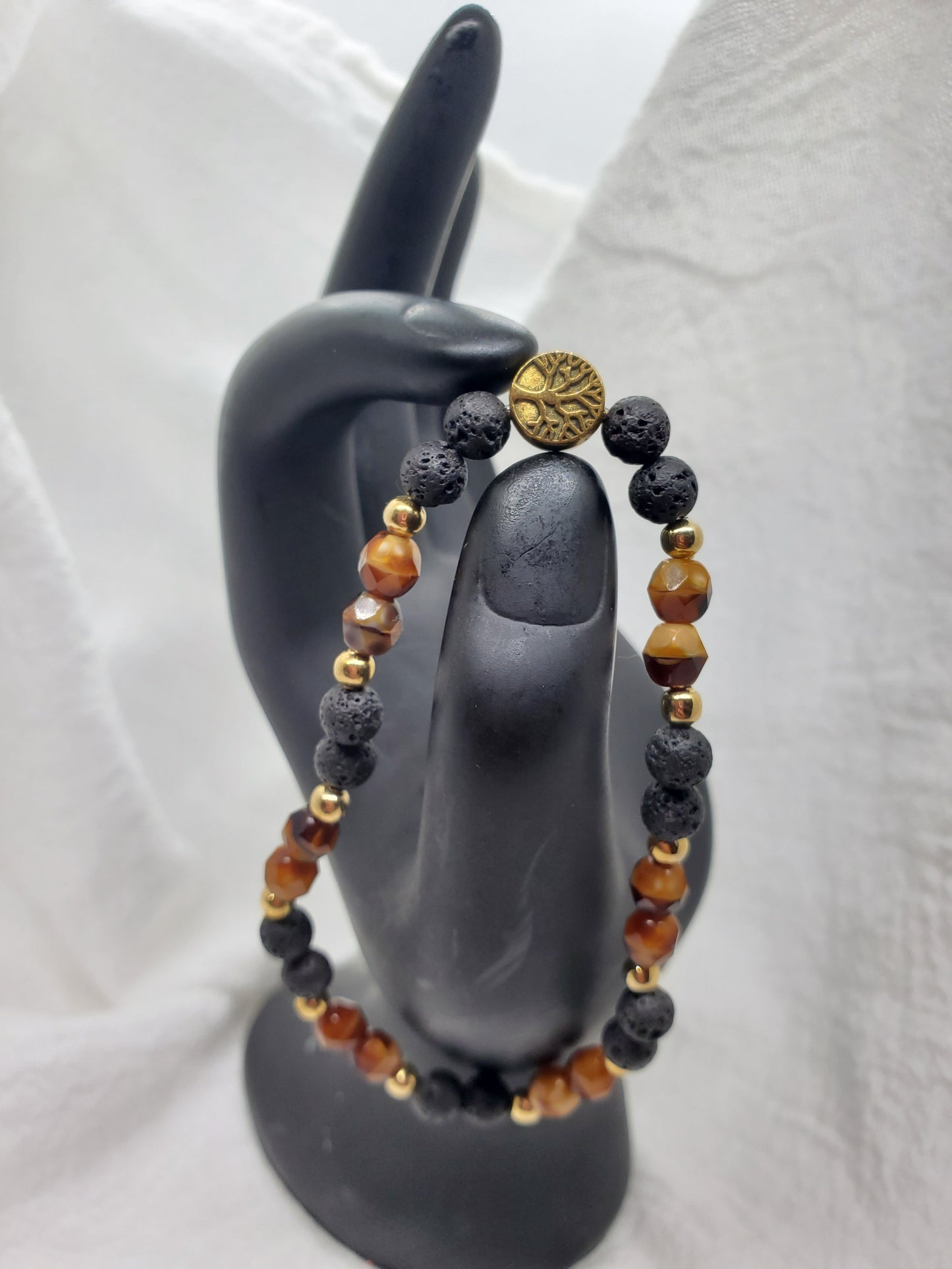 Men's Lava and Tiger Eye Beaded bracelet with Gold Accents and Tree of Life Charm