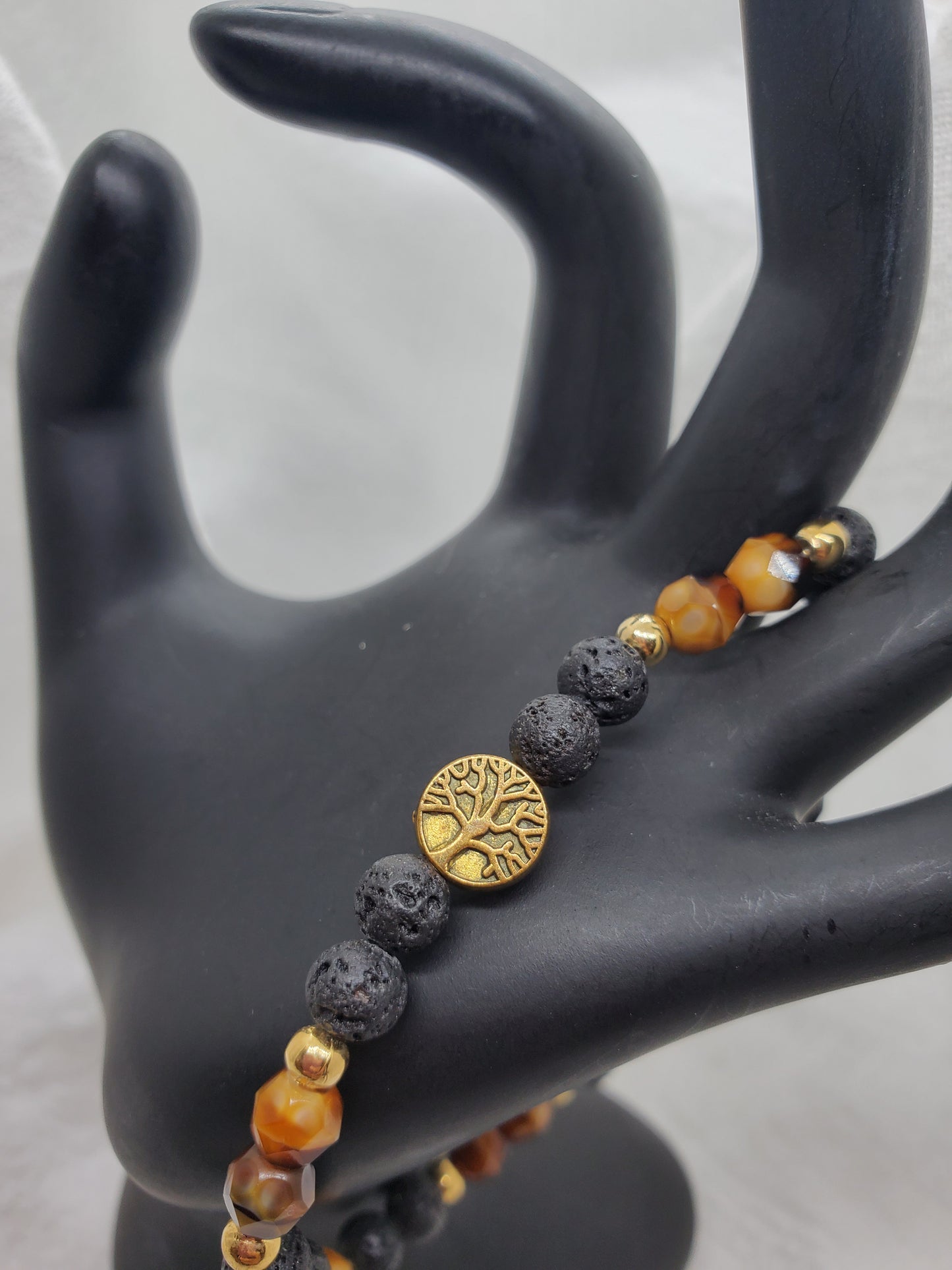 Men's Lava and Tiger Eye Beaded bracelet with Gold Accents and Tree of Life Charm