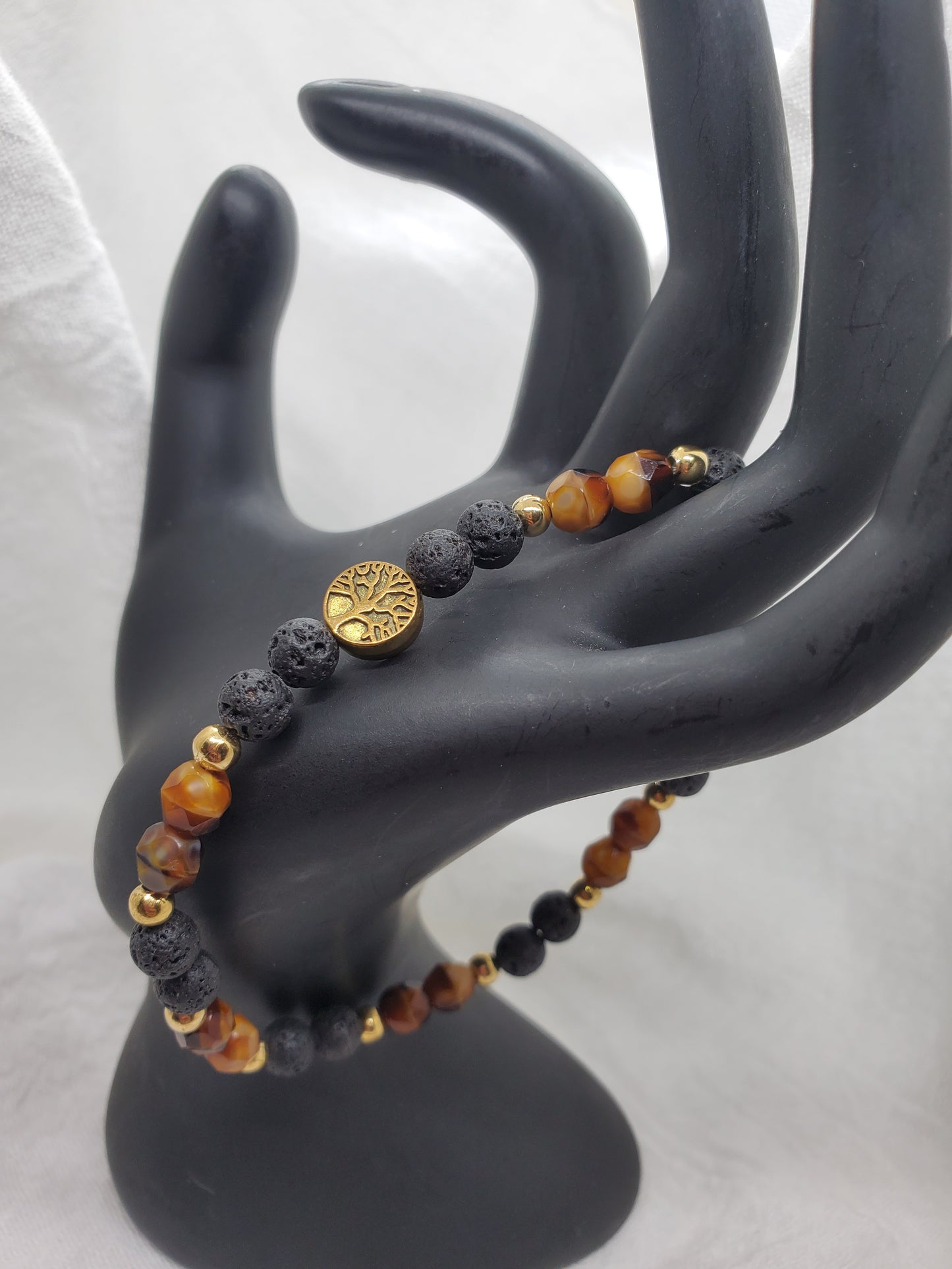 Men's Lava and Tiger Eye Beaded bracelet with Gold Accents and Tree of Life Charm