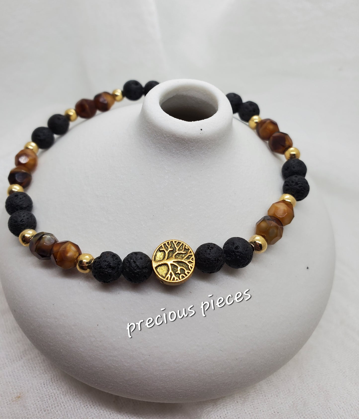 Men's Lava and Tiger Eye Beaded bracelet with Gold Accents and Tree of Life Charm