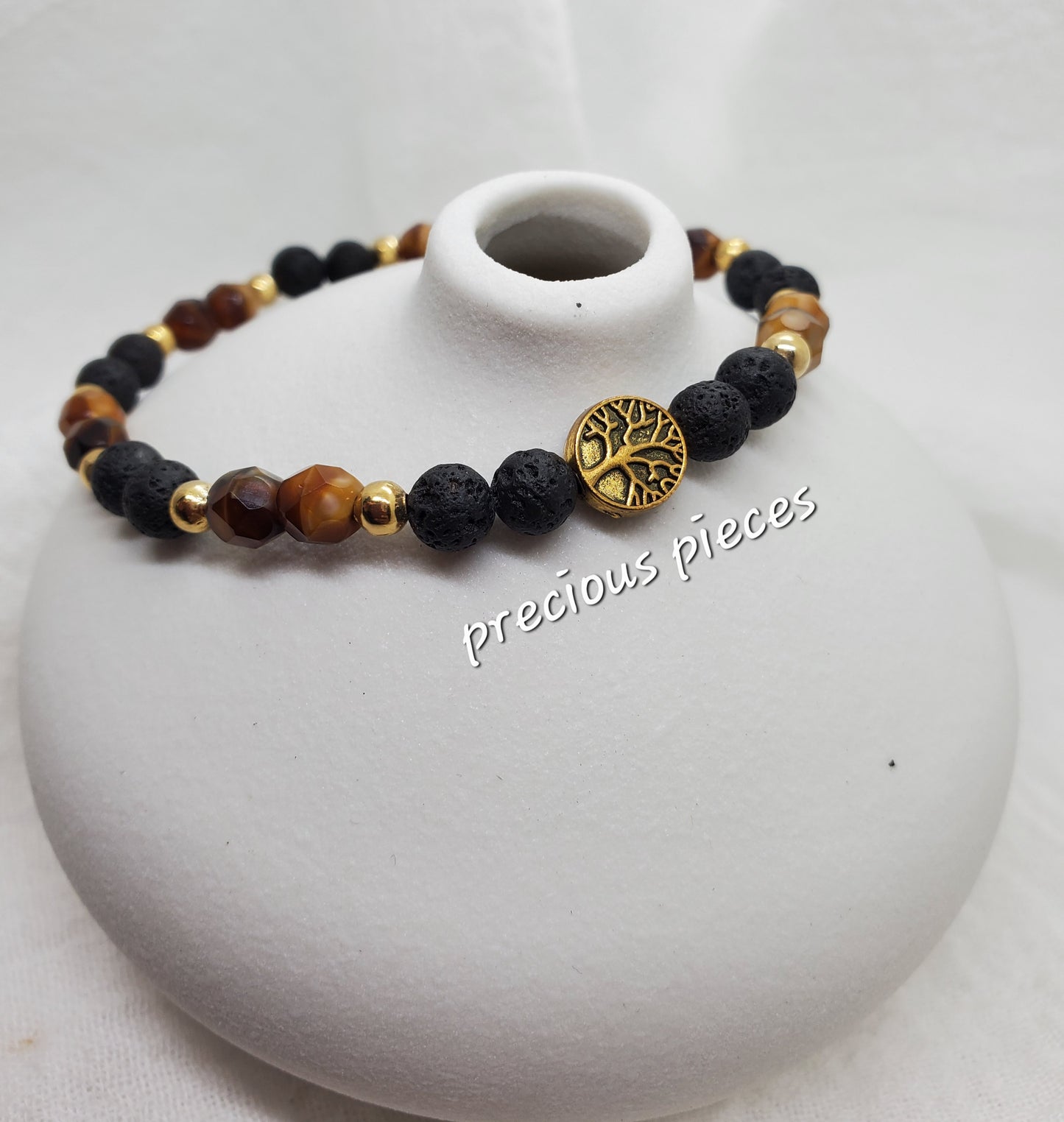 Men's Lava and Tiger Eye Beaded bracelet with Gold Accents and Tree of Life Charm