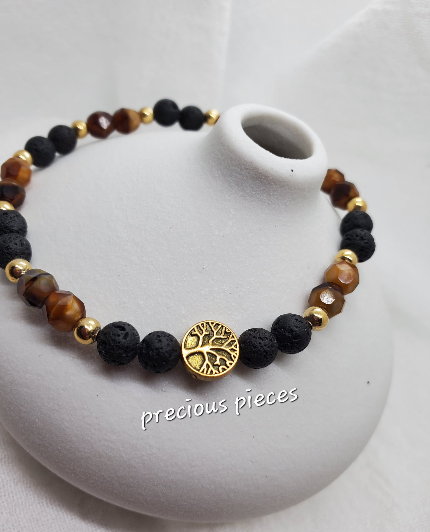 Men's Lava and Tiger Eye Beaded bracelet with Gold Accents and Tree of Life Charm