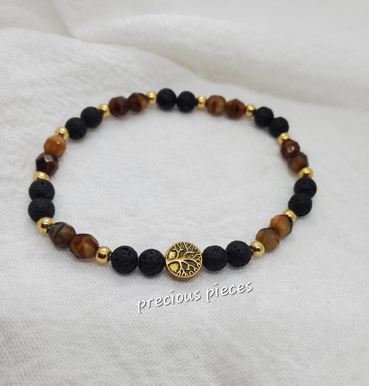 Men's Lava and Tiger Eye Beaded bracelet with Gold Accents and Tree of Life Charm