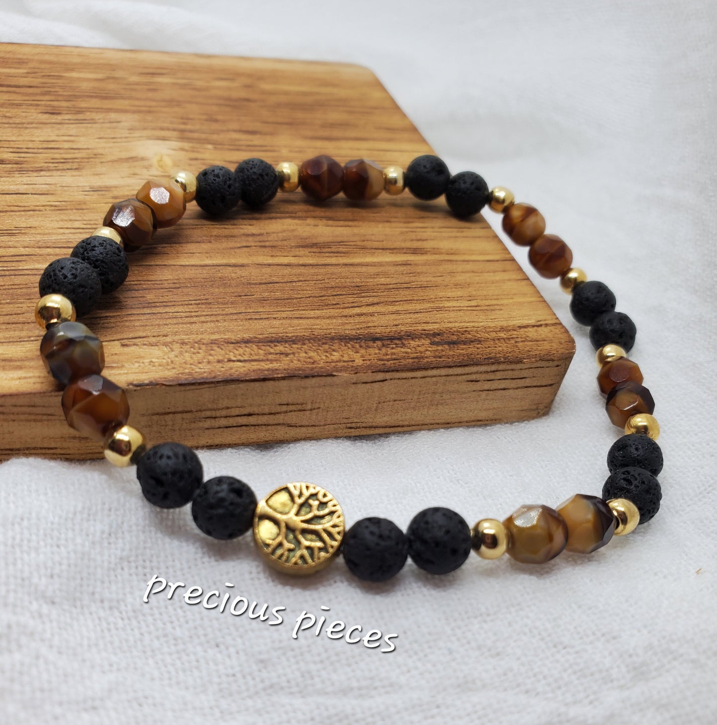 Men's Lava and Tiger Eye Beaded bracelet with Gold Accents and Tree of Life Charm