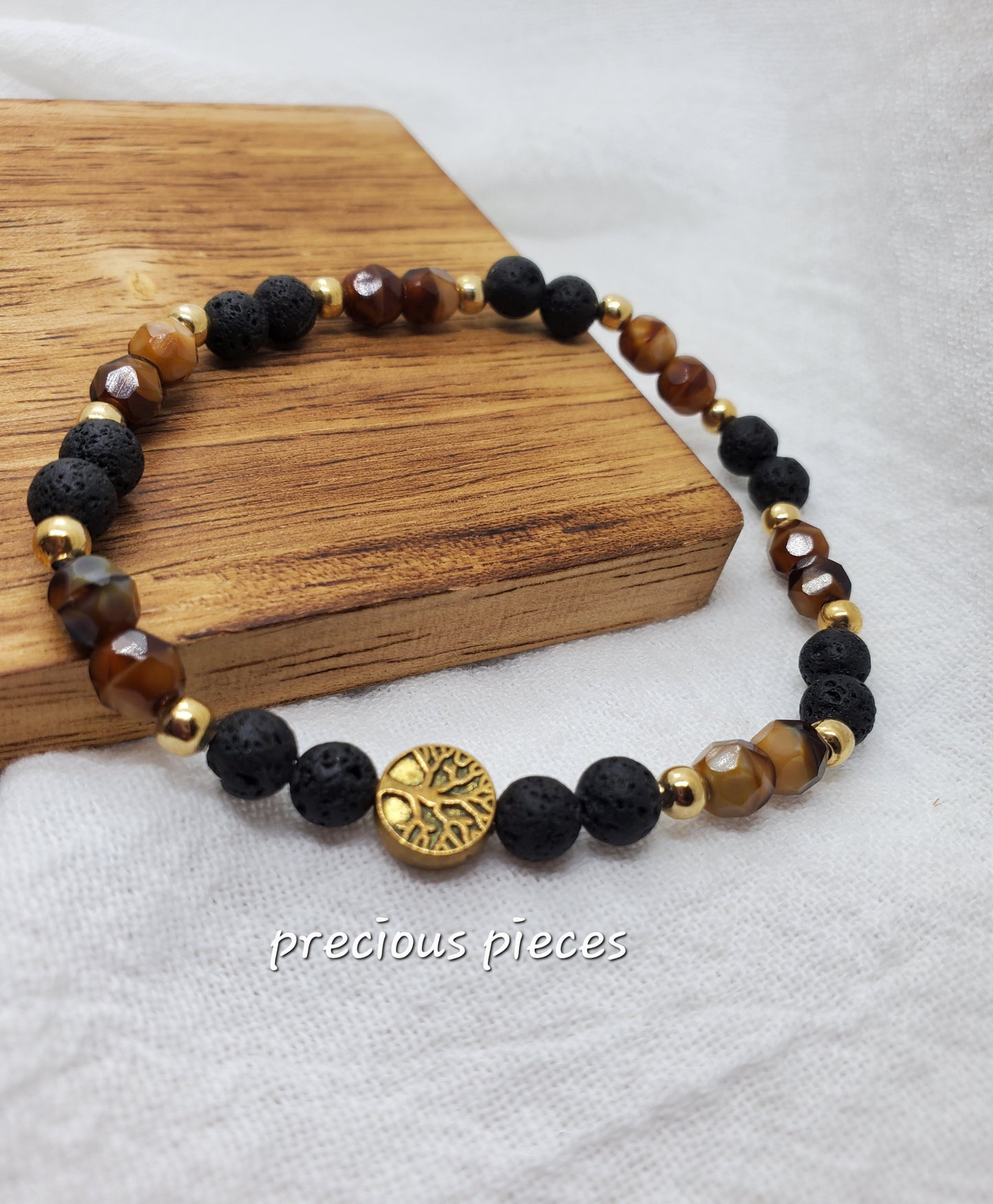 Men's Lava and Tiger Eye Beaded bracelet with Gold Accents and Tree of Life Charm