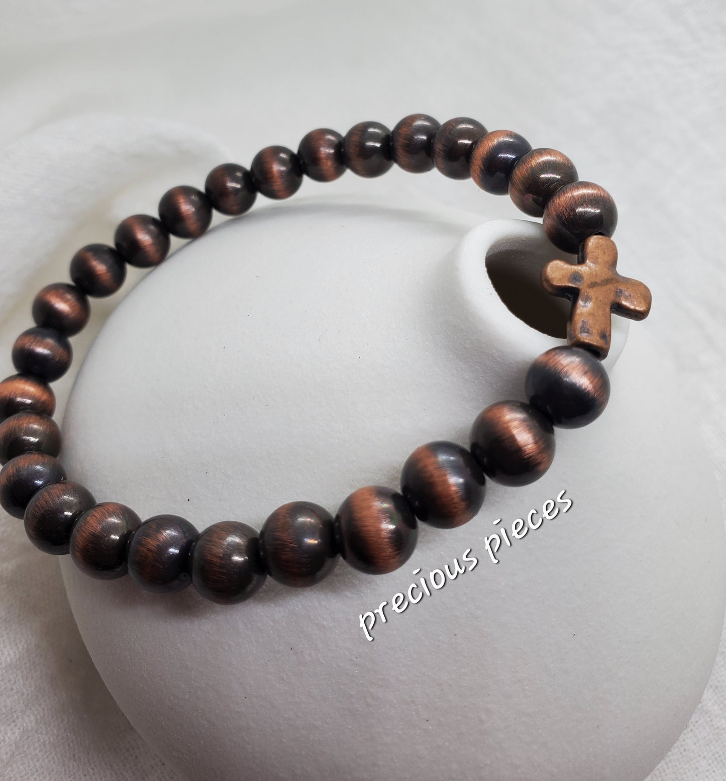 Men's Metallic Beaded Bracelet with Metal Cross Charm