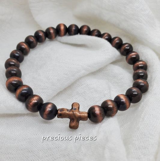 Men's Metallic Beaded Bracelet with Metal Cross Charm