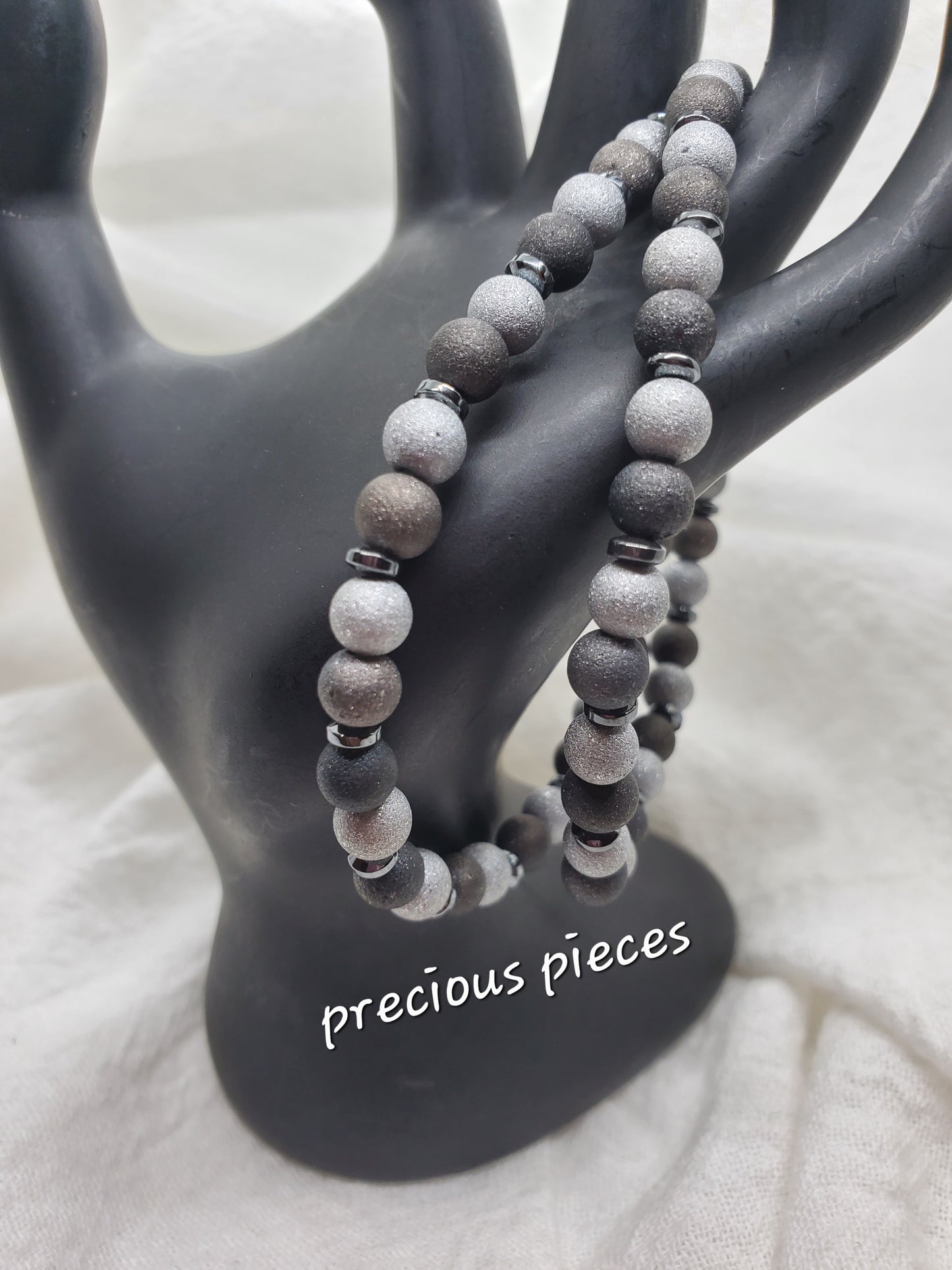 Men's Two Toned Gray Beaded Bracelets with Hematite Spacers